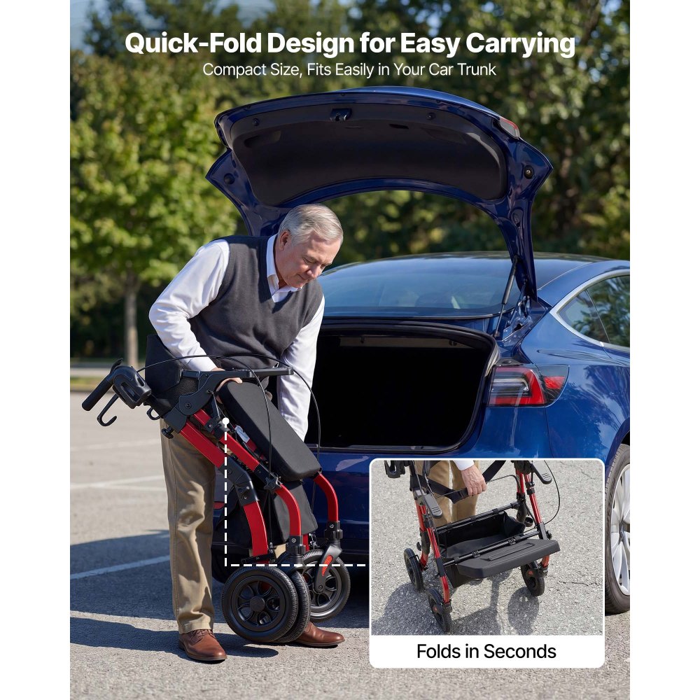 VEVOR 2-in-1 opvouwbare rollator met zitje, lichtgewicht rollator met wielen, loophulp tot 136 kg met rugleuning, tas, stokhouder, in hoogte verstelbare loophulp met vergrendelingsfunctie voor senioren, rood