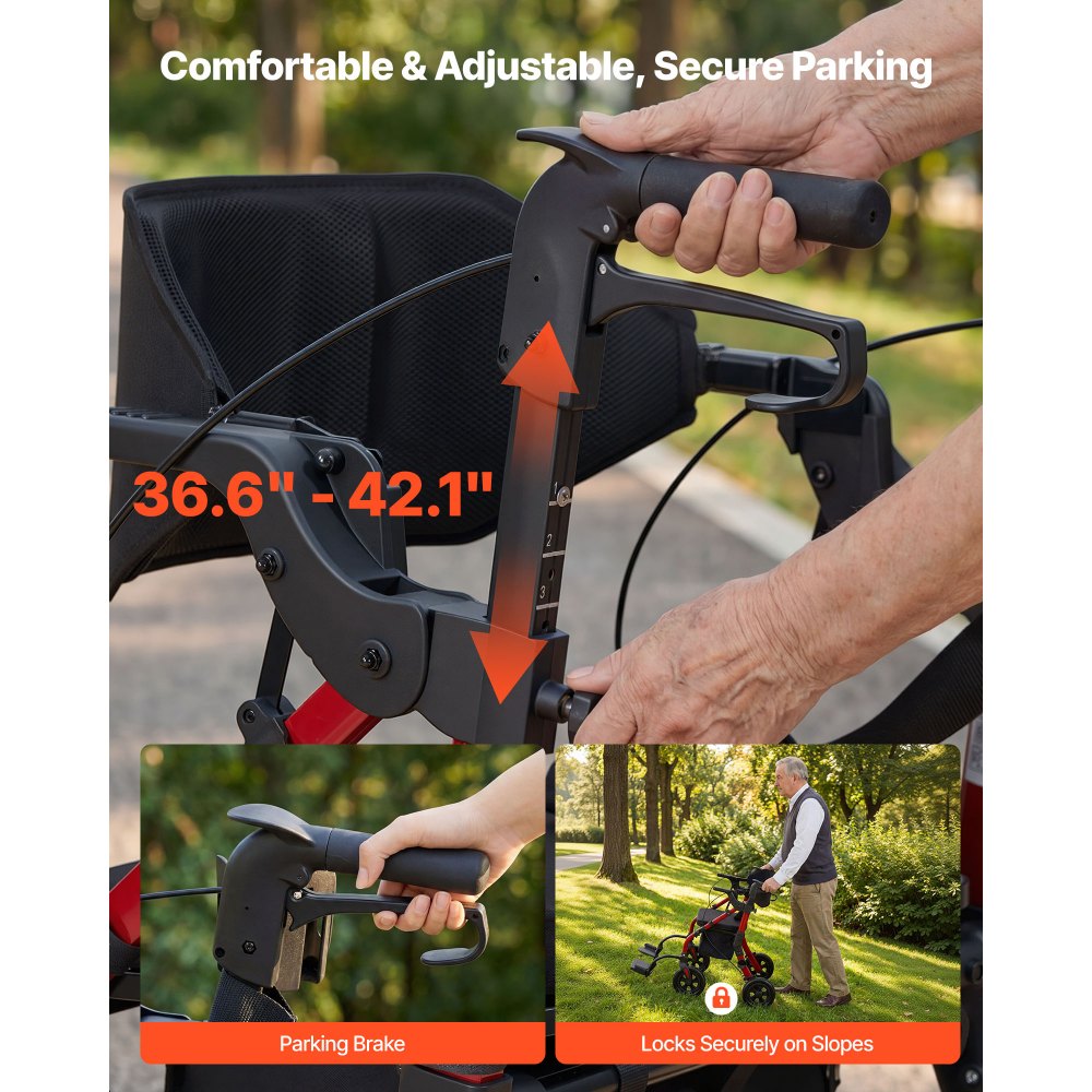 VEVOR 2-in-1 opvouwbare rollator met zitje, lichtgewicht rollator met wielen, loophulp tot 136 kg met rugleuning, tas, stokhouder, in hoogte verstelbare loophulp met vergrendelingsfunctie voor senioren, rood