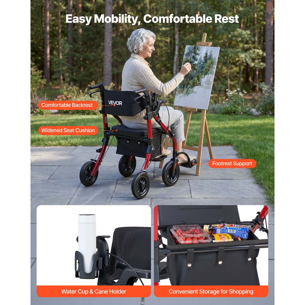 VEVOR 2-in-1 opvouwbare rollator met zitje, lichtgewicht rollator met wielen, loophulp tot 136 kg met rugleuning, tas, stokhouder, in hoogte verstelbare loophulp met vergrendelingsfunctie voor senioren, rood