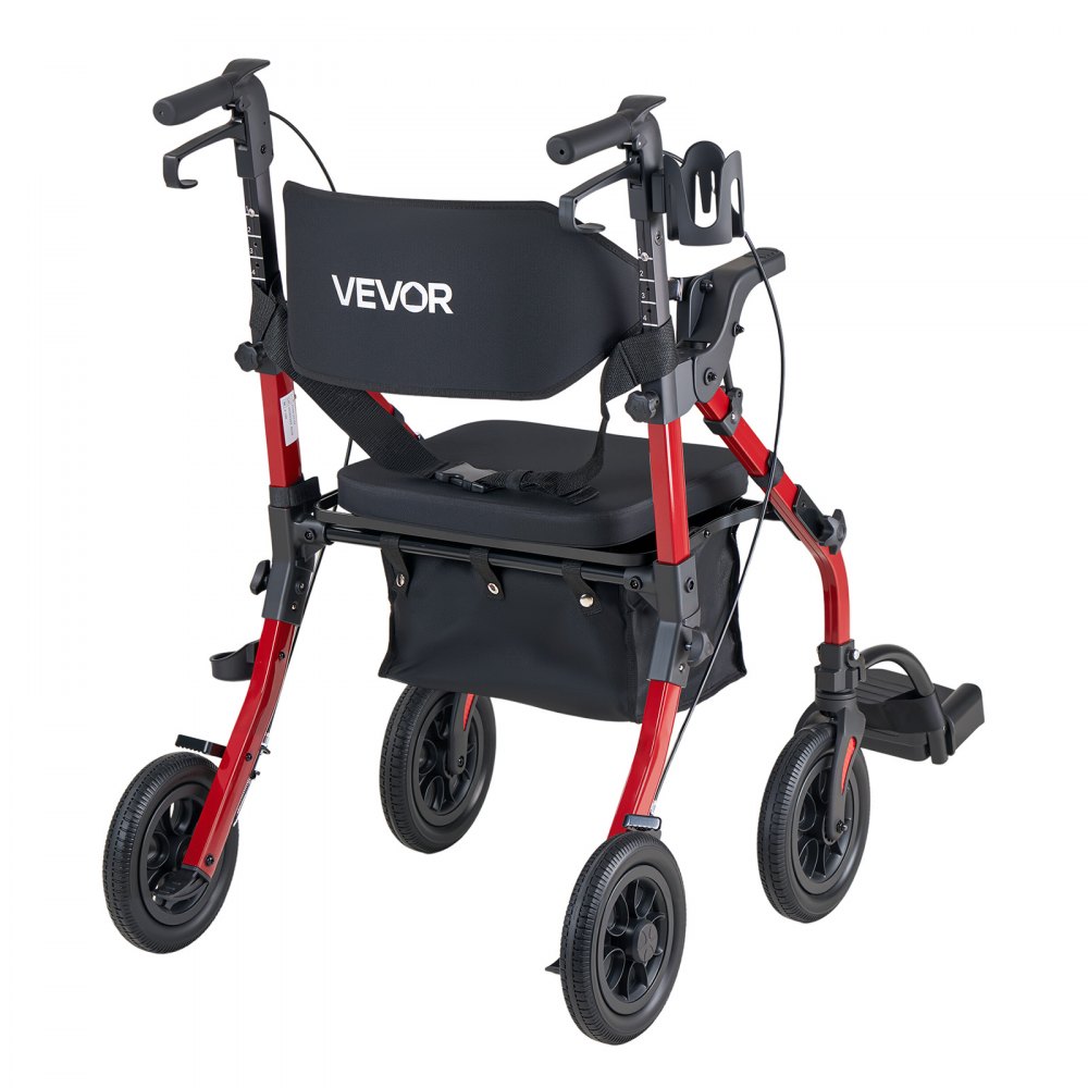 VEVOR 2-in-1 opvouwbare rollator met zitje, lichtgewicht rollator met wielen, loophulp tot 136 kg met rugleuning, tas, stokhouder, in hoogte verstelbare loophulp met vergrendelingsfunctie voor senioren, rood