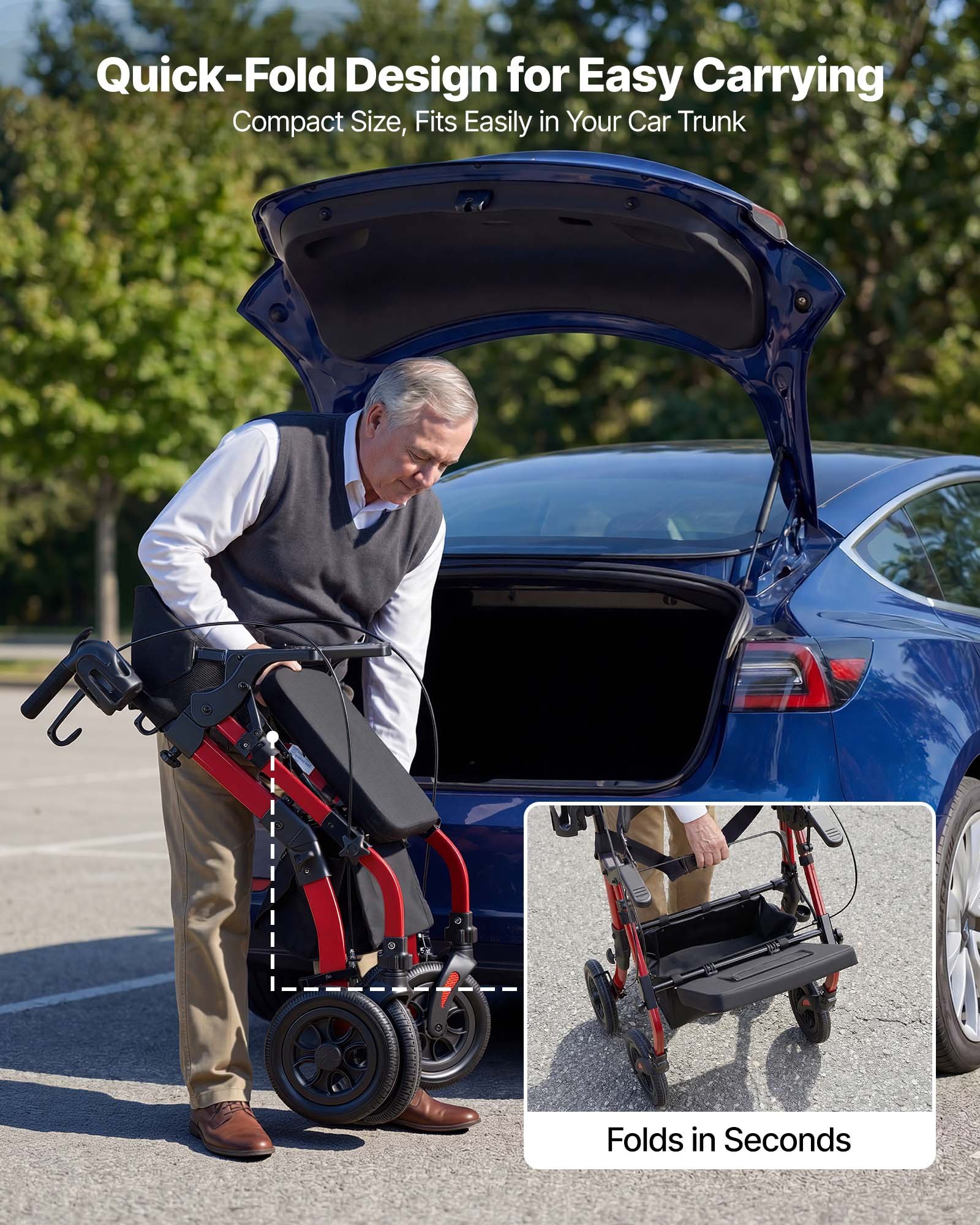 VEVOR 2-in-1 opvouwbare rollator met zitje, lichtgewicht rollator met wielen, loophulp tot 136 kg met rugleuning, tas, stokhouder, in hoogte verstelbare loophulp met vergrendelingsfunctie voor senioren, rood
