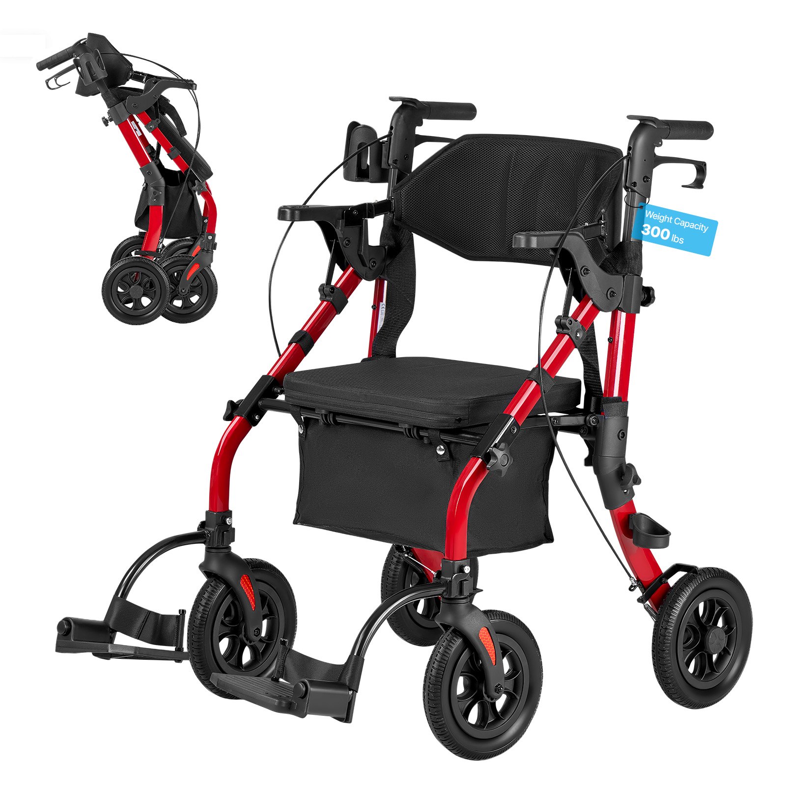 VEVOR 2-in-1 opvouwbare rollator met zitje, lichtgewicht rollator met wielen, loophulp tot 136 kg met rugleuning, tas, stokhouder, in hoogte verstelbare loophulp met vergrendelingsfunctie voor senioren, rood