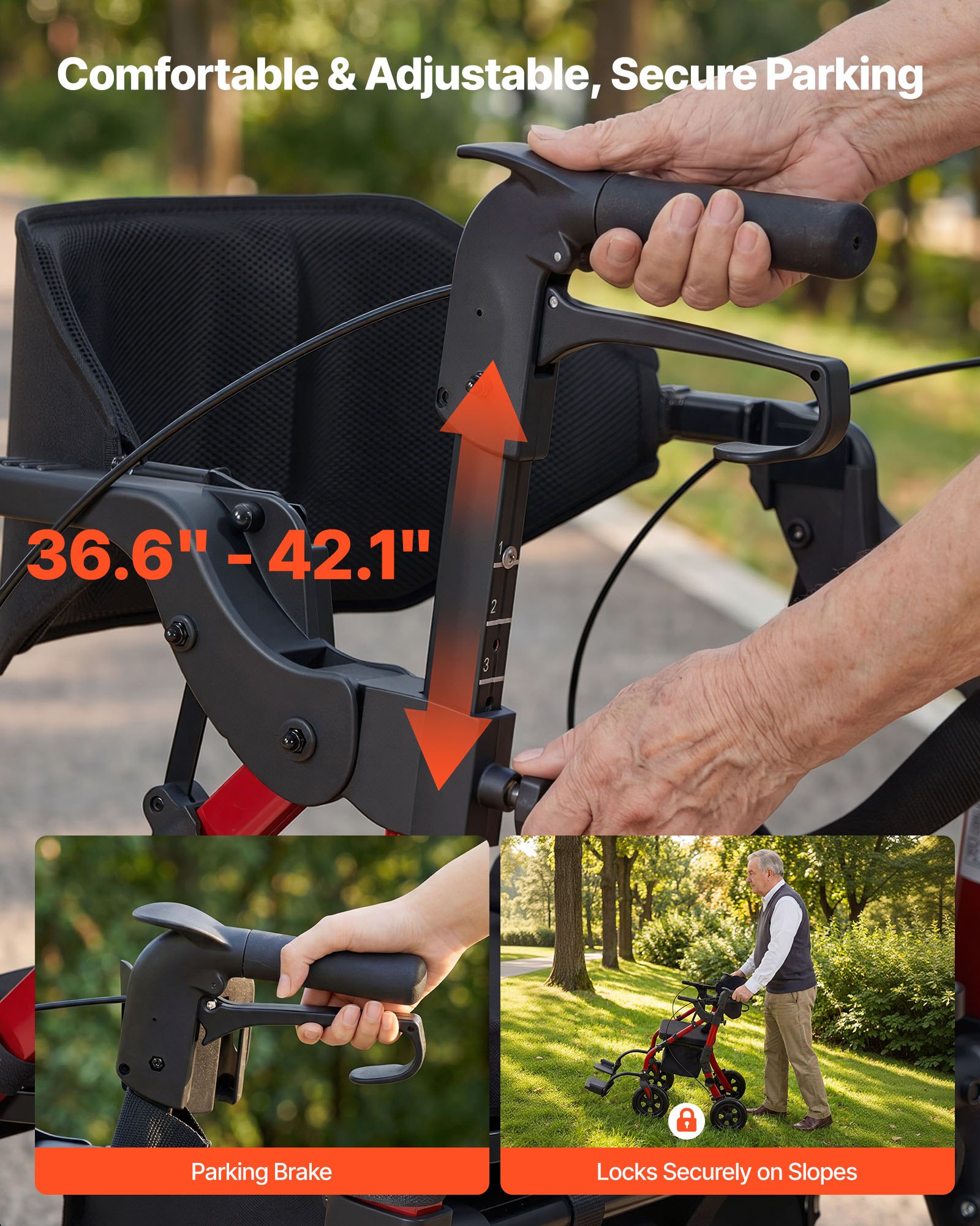 VEVOR 2-in-1 opvouwbare rollator met zitje, lichtgewicht rollator met wielen, loophulp tot 136 kg met rugleuning, tas, stokhouder, in hoogte verstelbare loophulp met vergrendelingsfunctie voor senioren, rood