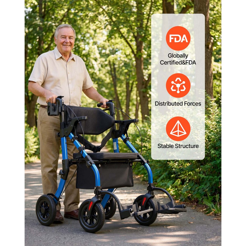 VEVOR 2-in-1 opvouwbare rollator met zitje, lichtgewicht rollator met wielen, loophulp tot 136 kg met rugleuning, tas, stokhouder, in hoogte verstelbare loophulp met vergrendelingsfunctie voor senioren, blauw