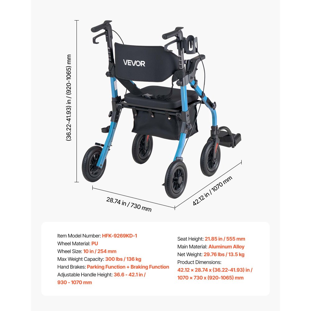VEVOR 2-in-1 opvouwbare rollator met zitje, lichtgewicht rollator met wielen, loophulp tot 136 kg met rugleuning, tas, stokhouder, in hoogte verstelbare loophulp met vergrendelingsfunctie voor senioren, blauw