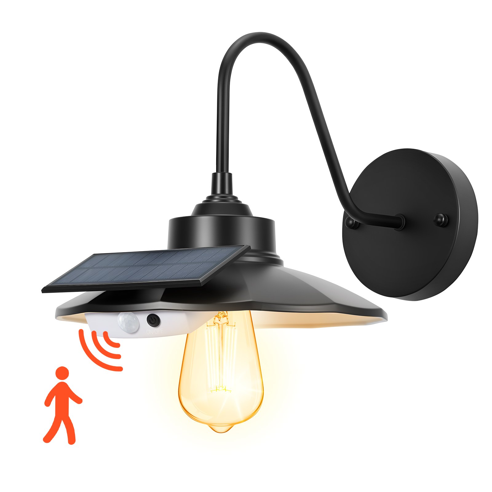 VEVOR Solar Gooseneck Wandlamp 350 lm, 3 Verlichtingsstanden & Bewegingssensor, 1 Pak Schuurlamp Compatibel met E27 Lamp, voor Veranda, Huis, Entree, Garage, Zwart