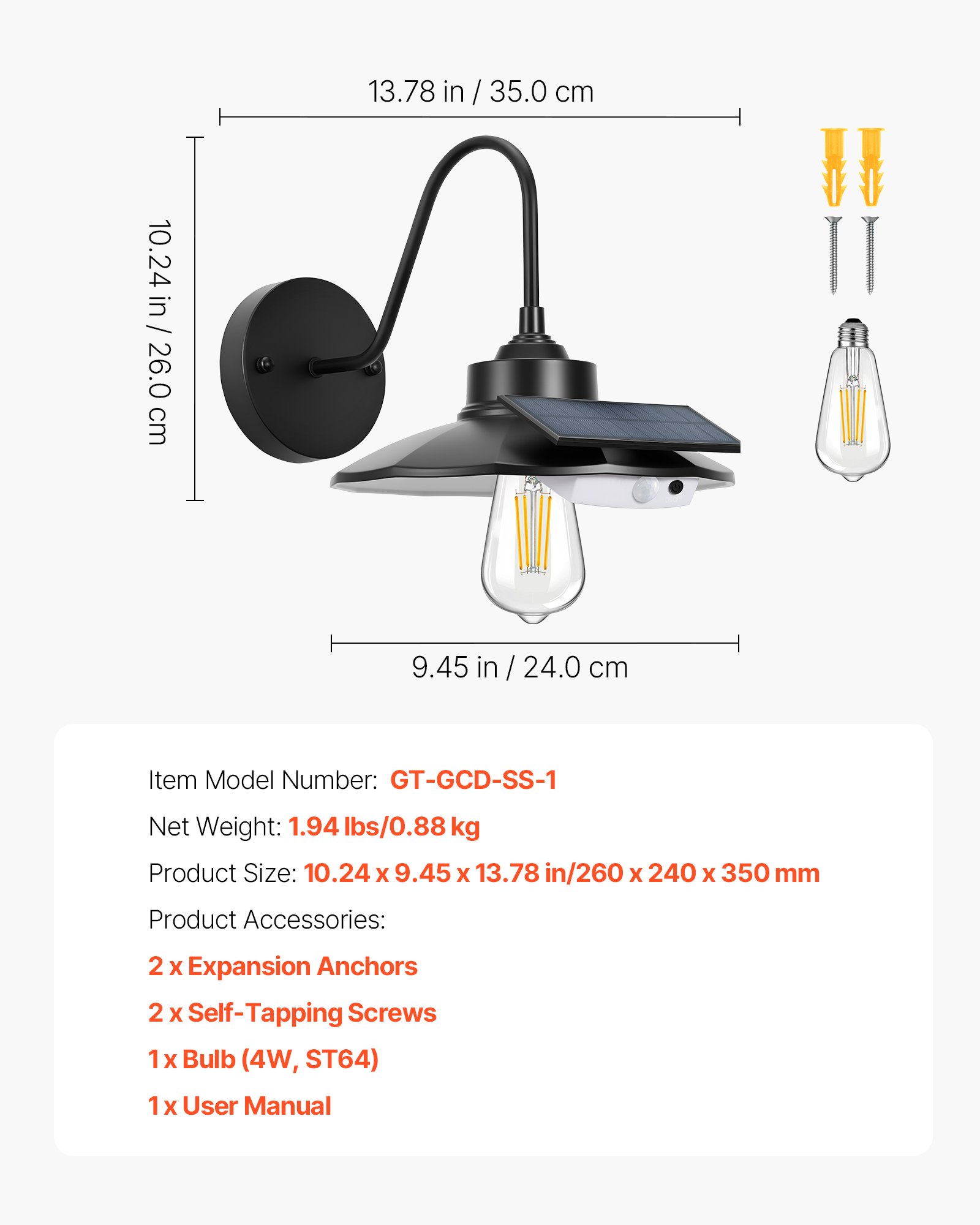 VEVOR Solar Gooseneck Wandlamp 350 lm, 3 Lichtstanden & Bewegingssensor, 1 stuk. Schuurlamp compatibel met E27 lamp, voor veranda, huis, entree, garage, zwart
