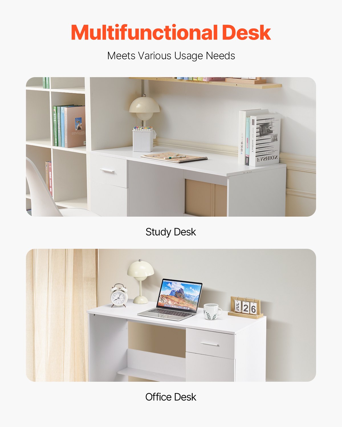 VEVOR Small Desk with Drawer, Kids Desk for Bedroom, Wooden Simple Study Table for Drawing, Reading, Writing, Rectangle MDF Study Storage Table with Adjustable Shelf for Home, Office, White