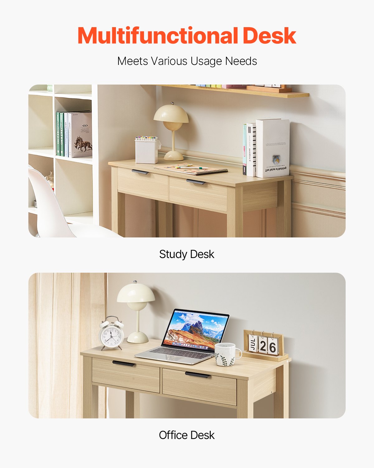 VEVOR Small Desk with Drawers, Kids Desk for Bedroom, Modern Simple Study Table for Drawing, Reading, Writing, Rectangle MDF Furniture Study Storage Table for Home, Office, Light Wood