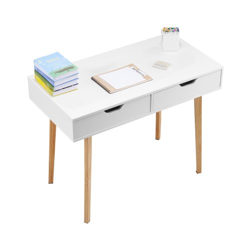Klein bureau met 2 lades voor de slaapkamer, eenvoudige houten bureau om te tekenen en lezen, rechthoekige MDF-werktafel met opbergruimte voor thuiskantoor, wit hout | NL Klein bureau met 2 lades voor de slaapkamer, eenvoudige houten bureau om te tekenen en lezen, rechthoekige MDF-werktafel met opbergruimte voor thuiskantoor, wit hout | NL