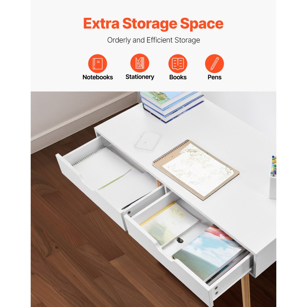 VEVOR Small Desk with Drawers, Kids Desk for Bedroom, Wooden Simple Study Table for Drawing, Reading, Writing, Rectangle MDF Furniture Study Storage Table for Home, Office, White + Wood