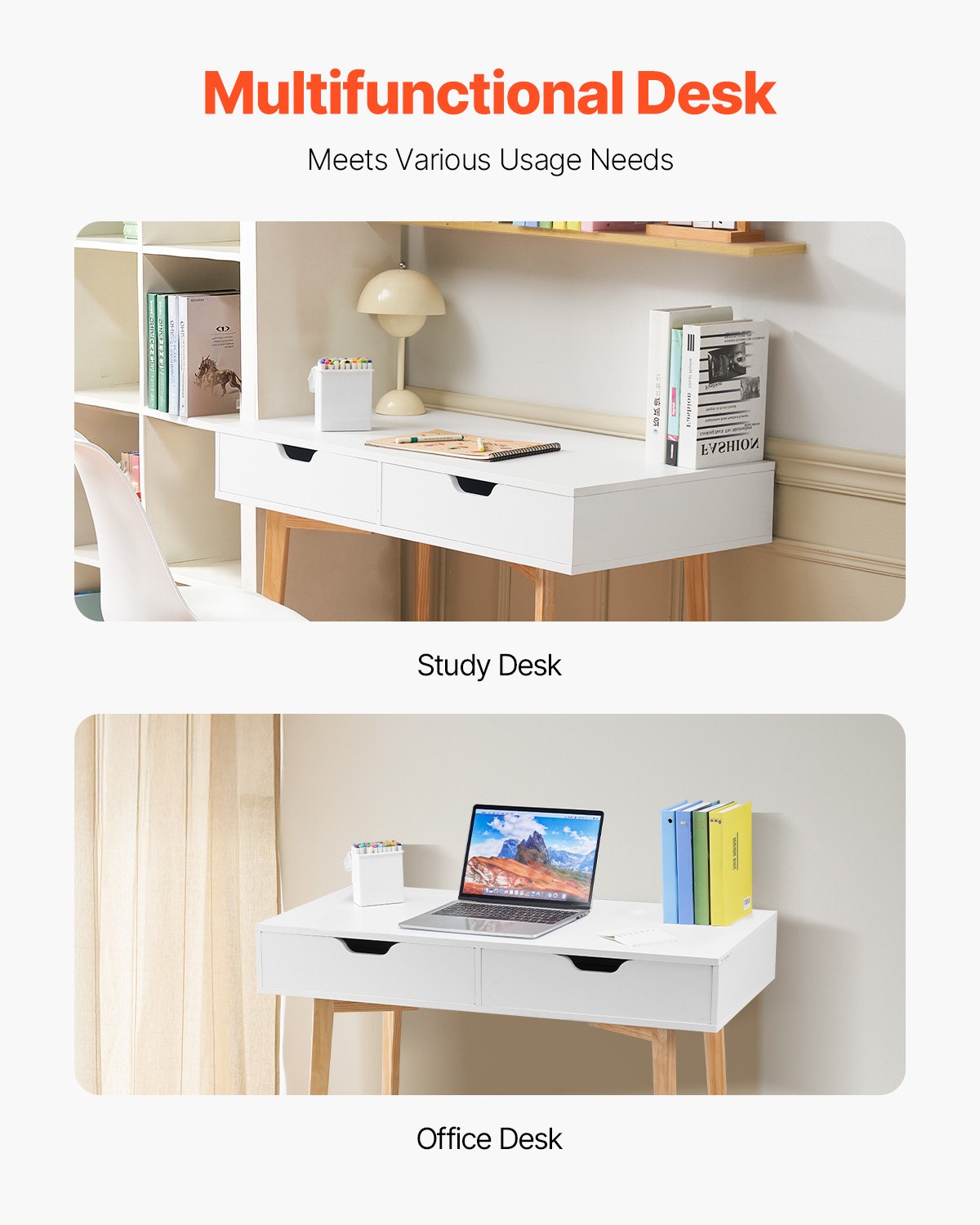 VEVOR Small Desk with Drawers, Kids Desk for Bedroom, Wooden Simple Study Table for Drawing, Reading, Writing, Rectangle MDF Furniture Study Storage Table for Home, Office, White + Wood