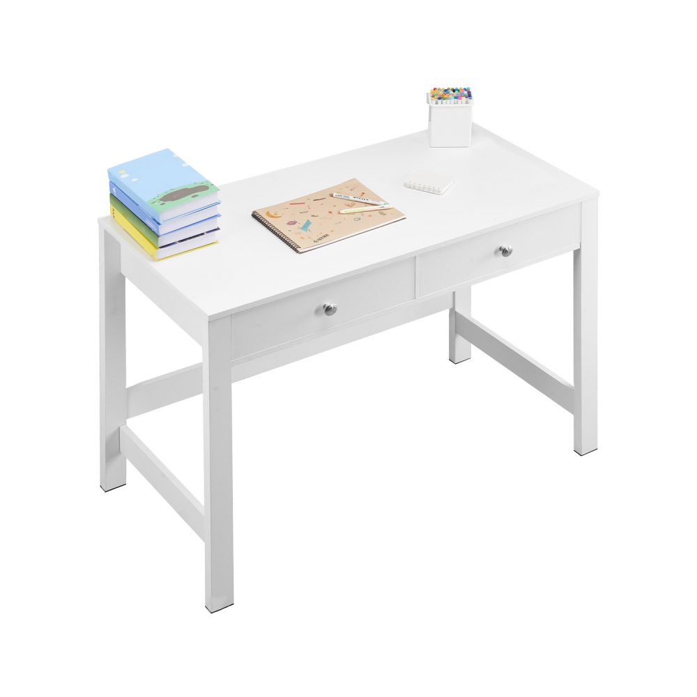 VEVOR Small Desk with Drawers, Kids Desk for Bedroom, Modern Simple Study Table for Drawing, Reading, Writing, Rectangle MDF Furniture Study Storage Table for Home, Office, White