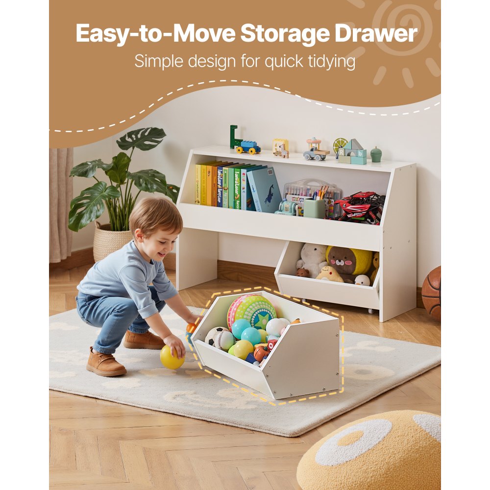 VEVOR Houten kinderboekenkast met opbergruimte, speelgoedkast met 2 mobiele lades, speelgoedopbergkast, speelgoedplank voor slaapkamer, kinderkamer, woonkamer, wit