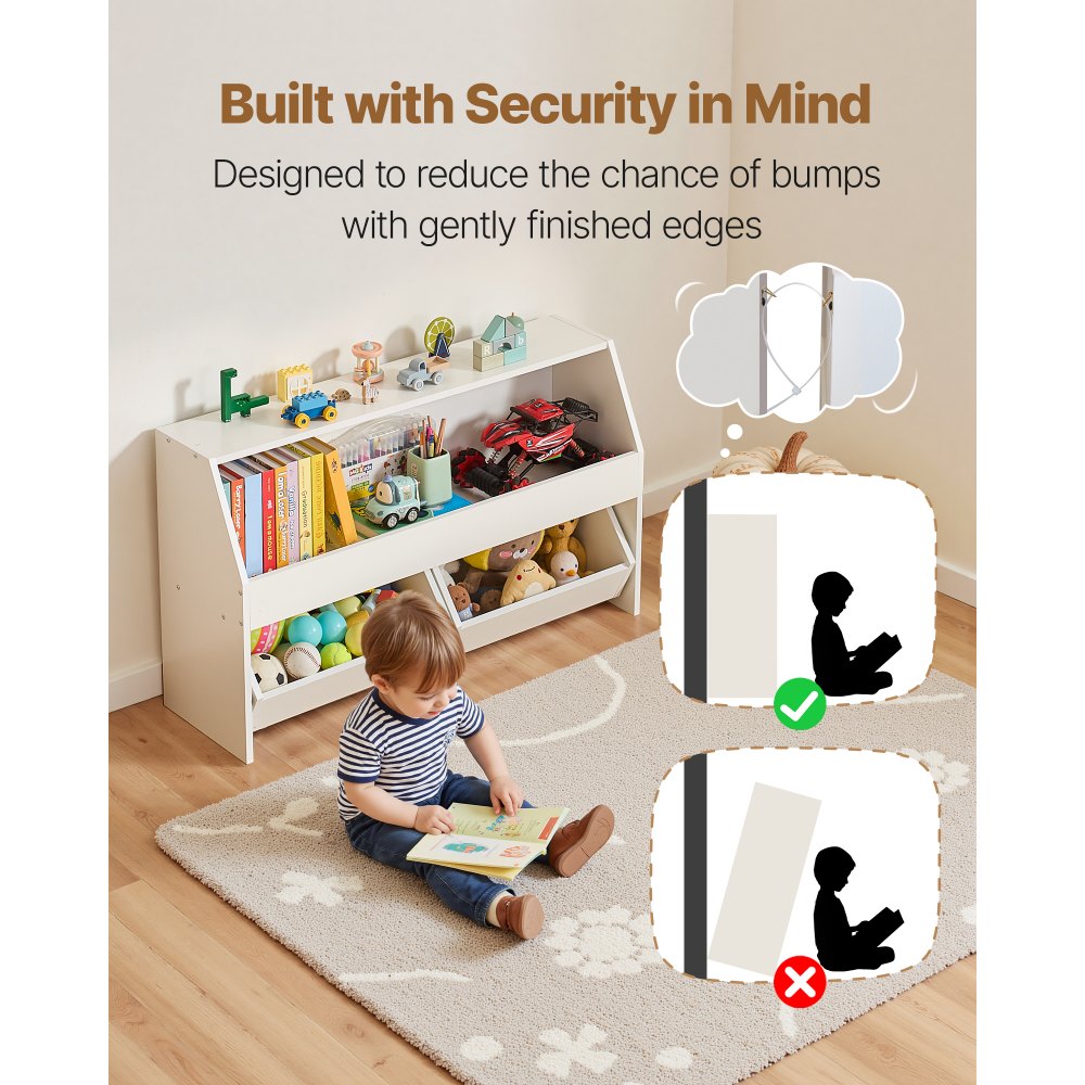 VEVOR Houten kinderboekenkast met opbergruimte, speelgoedkast met 2 mobiele lades, speelgoedopbergkast, speelgoedplank voor slaapkamer, kinderkamer, woonkamer, wit