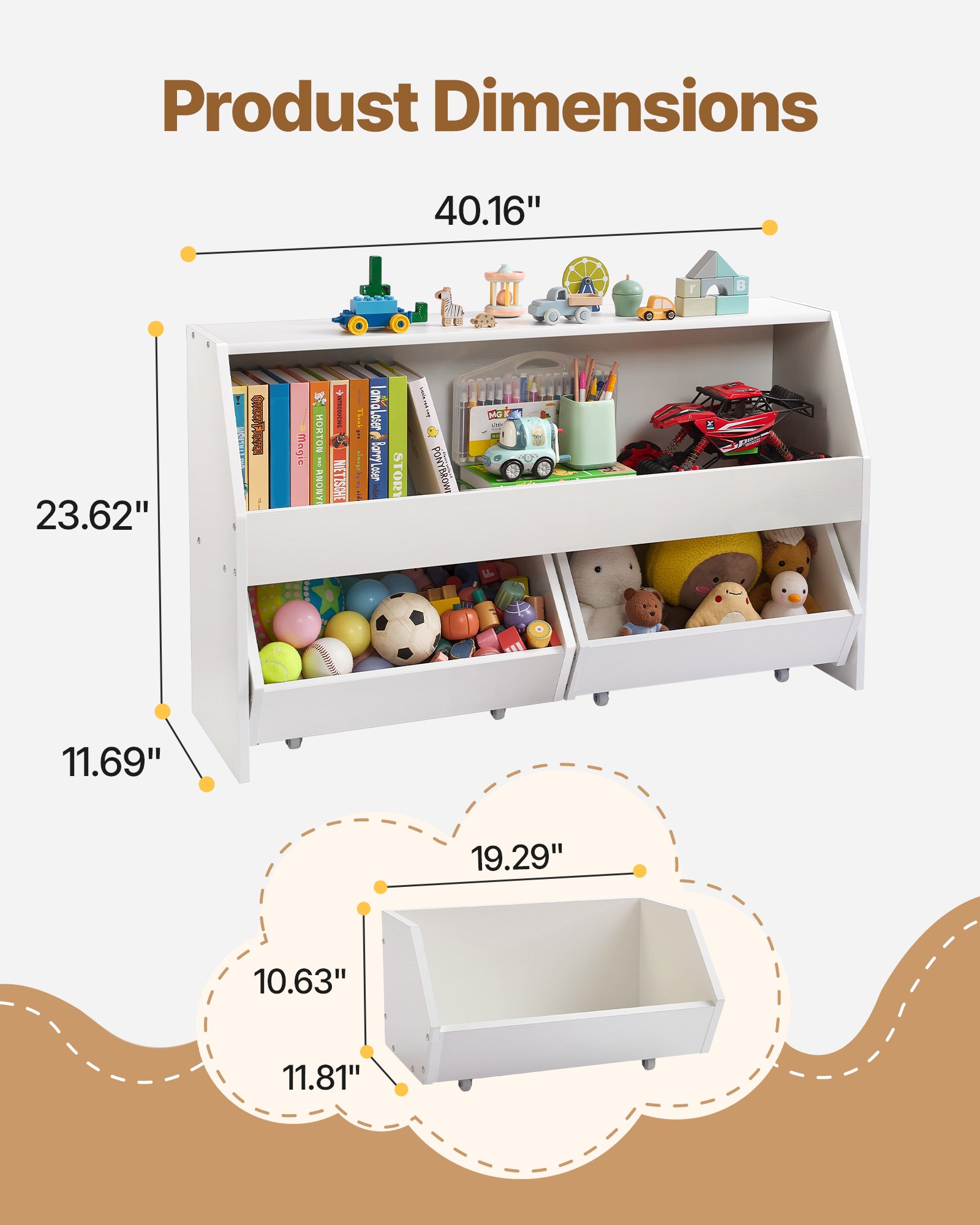 VEVOR Houten kinderboekenkast met opbergruimte, speelgoedkast met 2 mobiele lades, speelgoedopbergkast, speelgoedplank voor slaapkamer, kinderkamer, woonkamer, wit