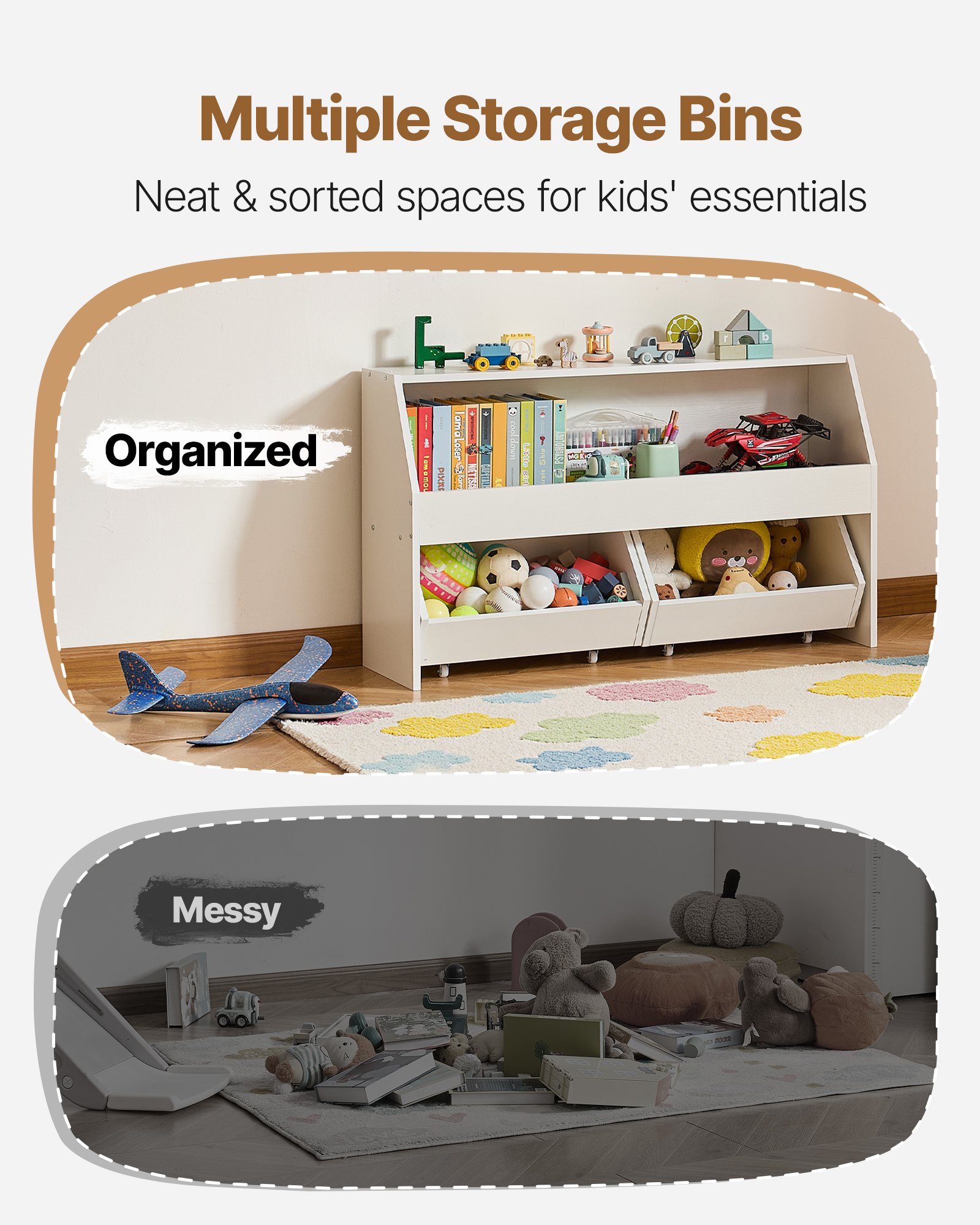 VEVOR Houten kinderboekenkast met opbergruimte, speelgoedkast met 2 mobiele lades, speelgoedopbergkast, speelgoedplank voor slaapkamer, kinderkamer, woonkamer, wit