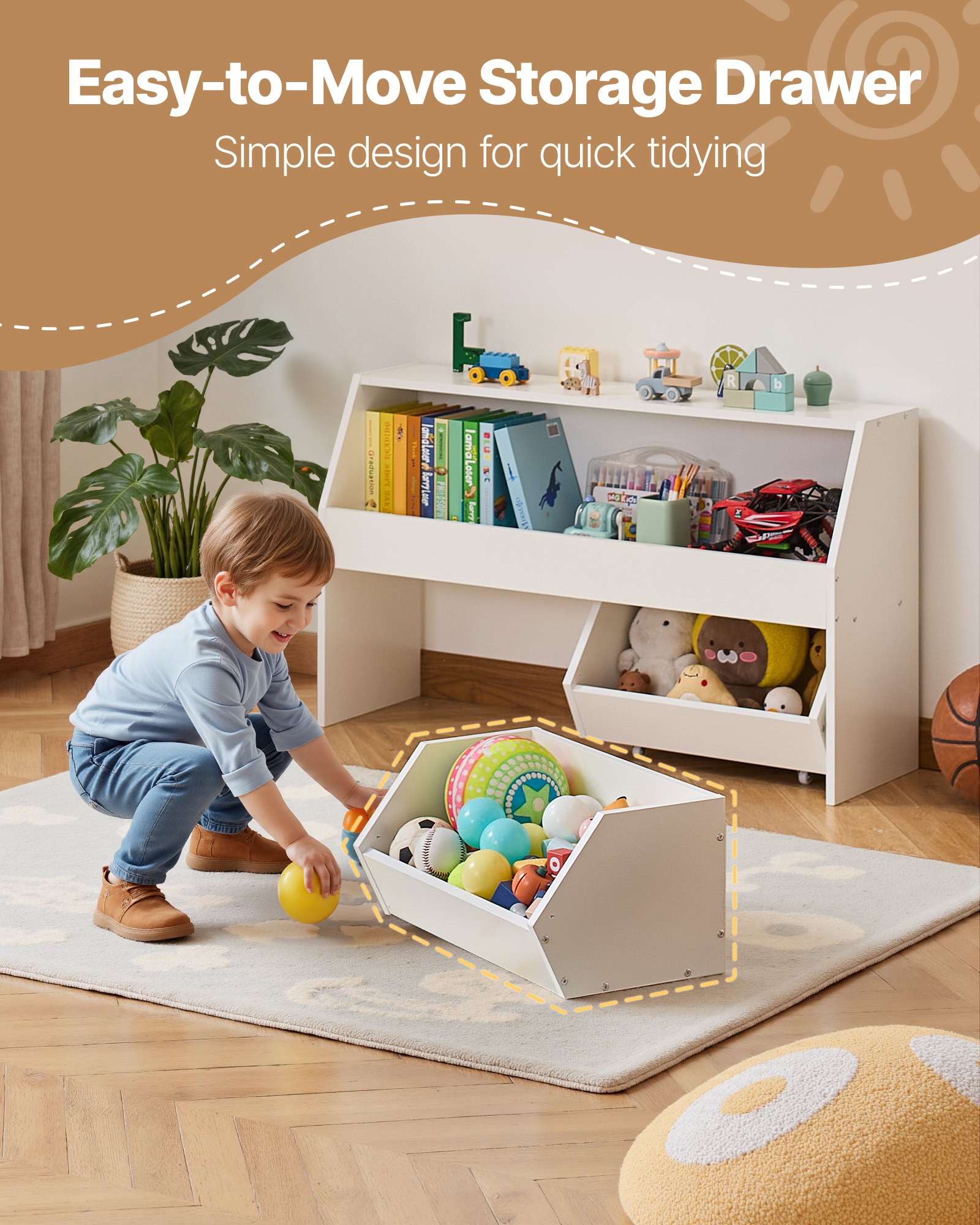 VEVOR Houten kinderboekenkast met opbergruimte, speelgoedkast met 2 mobiele lades, speelgoedopbergkast, speelgoedplank voor slaapkamer, kinderkamer, woonkamer, wit