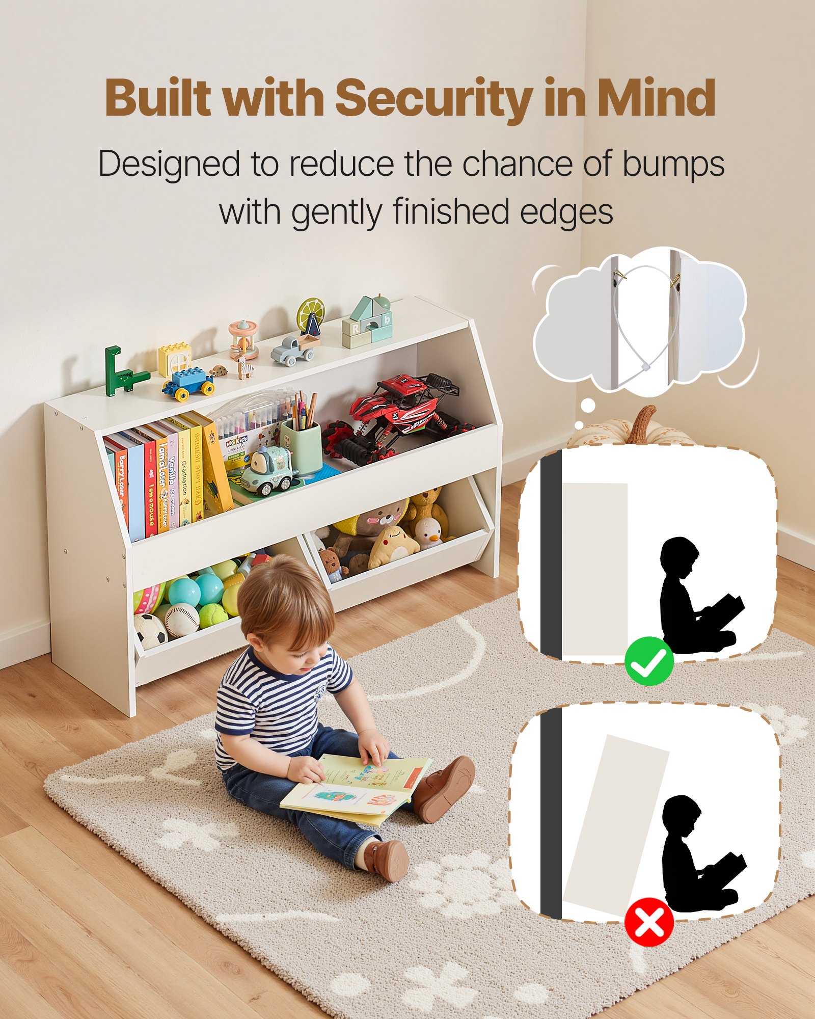 VEVOR Houten kinderboekenkast met opbergruimte, speelgoedkast met 2 mobiele lades, speelgoedopbergkast, speelgoedplank voor slaapkamer, kinderkamer, woonkamer, wit