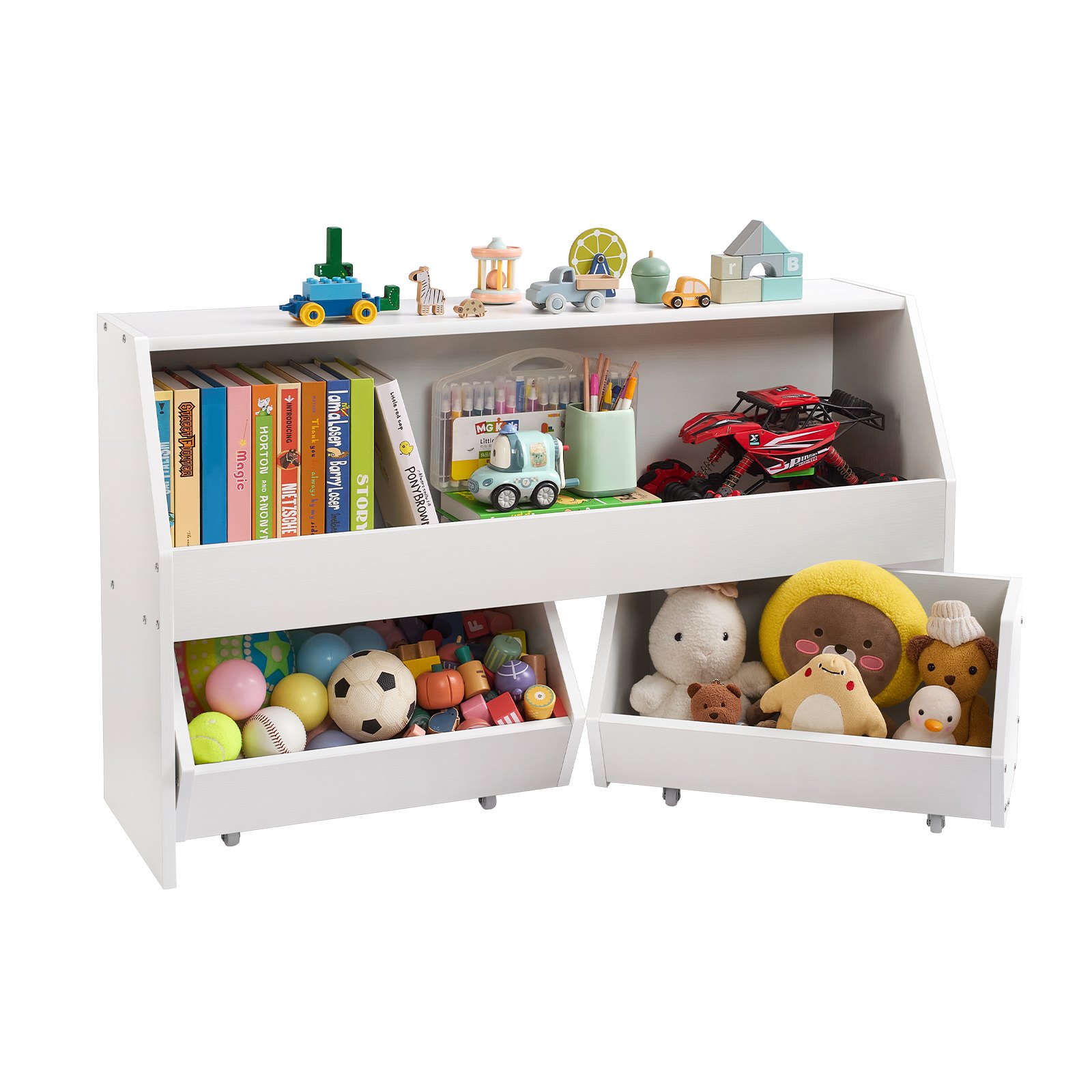 VEVOR Houten kinderboekenkast met opbergruimte, speelgoedkast met 2 mobiele lades, speelgoedopbergkast, speelgoedplank voor slaapkamer, kinderkamer, woonkamer, wit