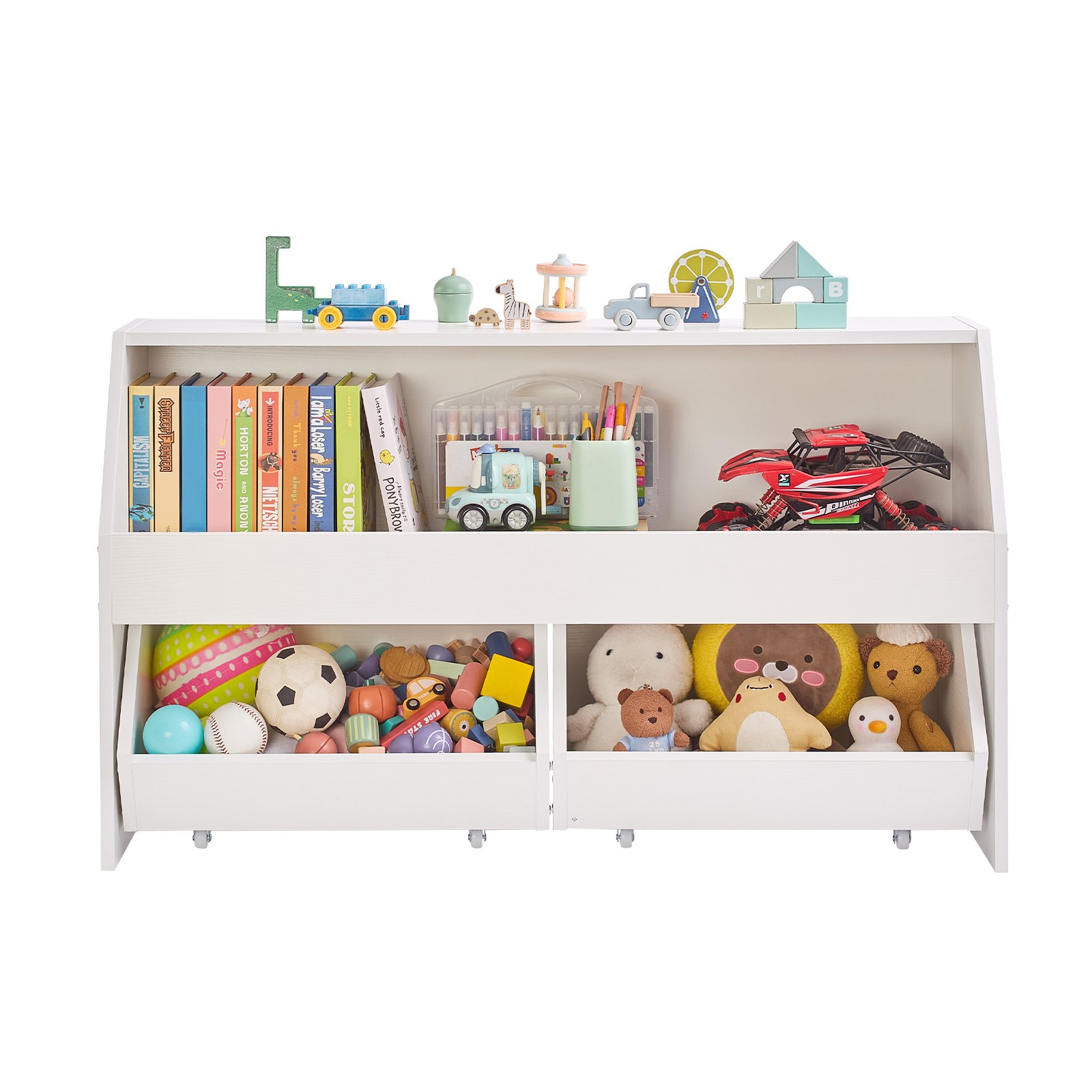 VEVOR Houten kinderboekenkast met opbergruimte, speelgoedkast met 2 mobiele lades, speelgoedopbergkast, speelgoedplank voor slaapkamer, kinderkamer, woonkamer, wit