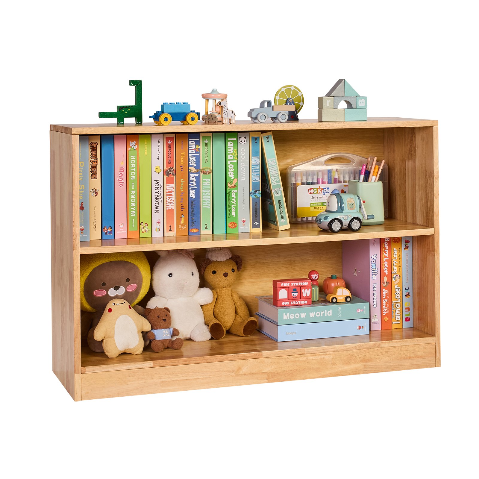 VEVOR Kinderboekenkast (90 cm lang), 2-laags speelgoedkast, speelgoedopbergkast, speelgoedplank voor slaapkamer, kinderkamer, woonkamer, vitrinekast, bruin