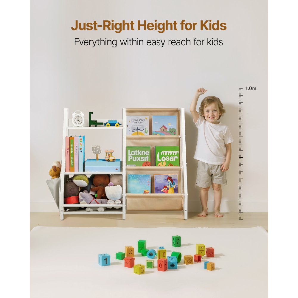 VEVOR 3-Tier Kids Bookshelf, Toy Storage Organizer for Toddler, Book Shelf for Kids Rooms with Sling Book Rack and Storage Bag, Kids Storage Book Shelves for Kids Room, Playroom, Kindergarten, Nursery