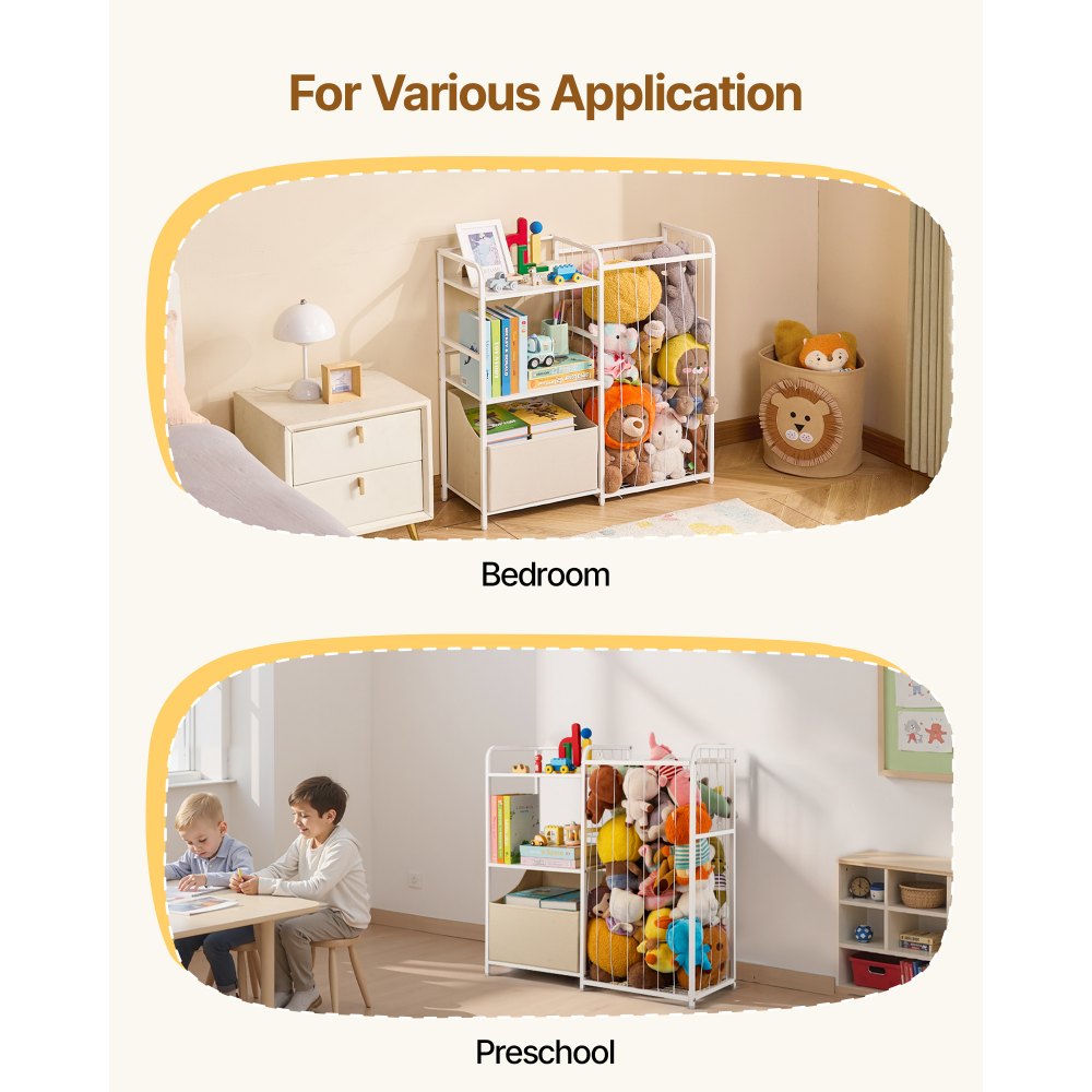 VEVOR Kinderboekenkast met speelgoedopbergruimte, 2-laags boekenkast met stoffen speelgoedkist, kinderplank, kinderkamerplank, wit, geschikt voor woonkamer, hal, kleuterschool