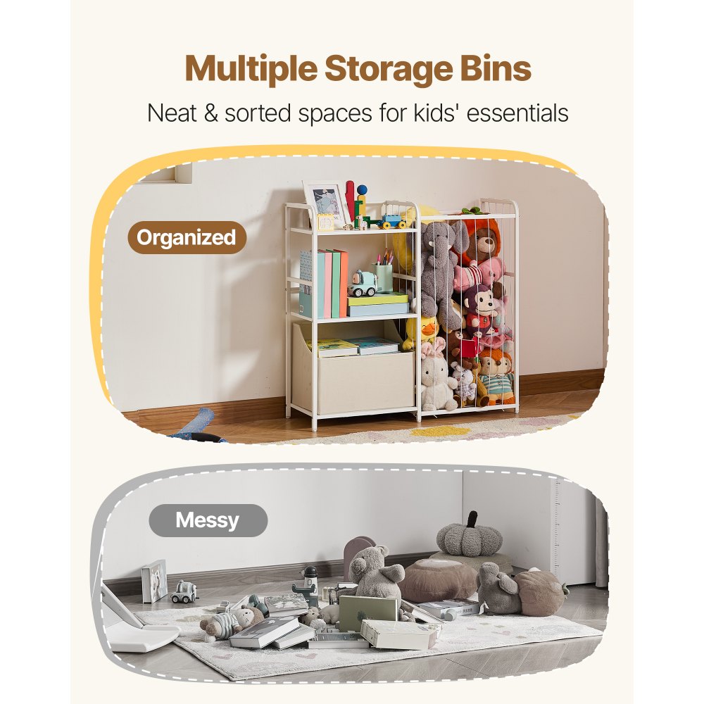 VEVOR Kinderboekenkast met speelgoedopbergruimte, 2-laags boekenkast met stoffen speelgoedkist, kinderplank, kinderkamerplank, wit, geschikt voor woonkamer, hal, kleuterschool