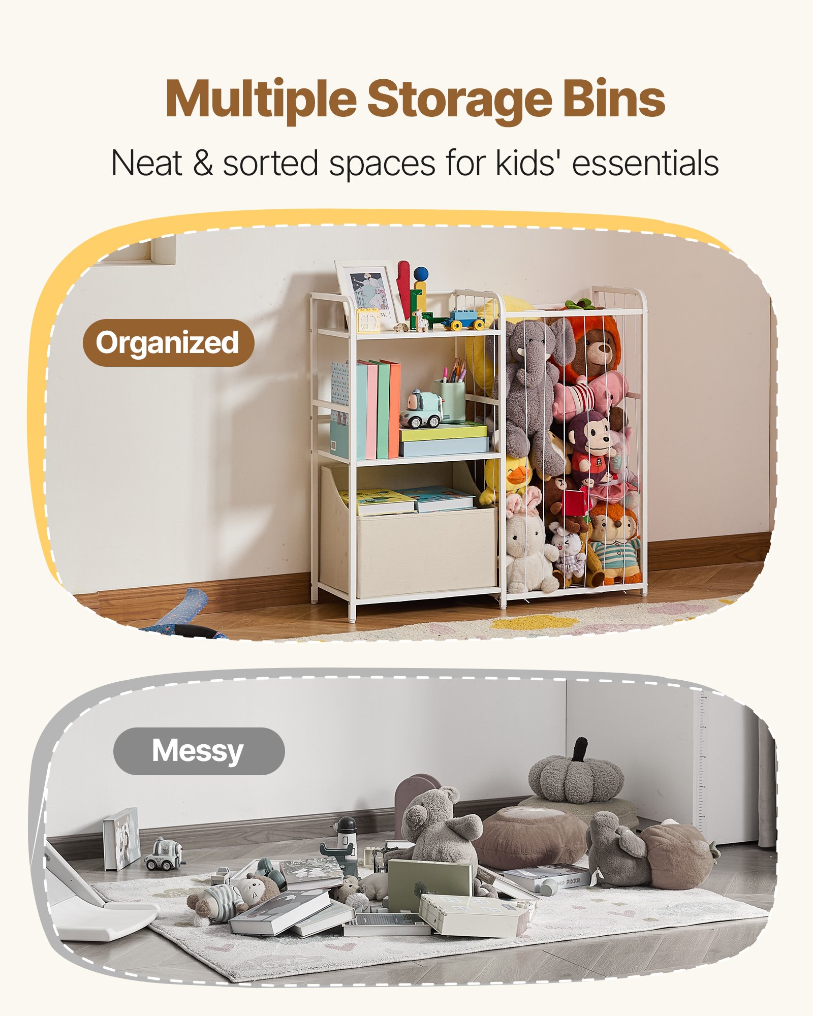 VEVOR Kinderboekenkast met speelgoedopbergruimte, 2-laags boekenkast met stoffen speelgoedkist, kinderplank, kinderkamerplank, wit, geschikt voor woonkamer, hal, kleuterschool