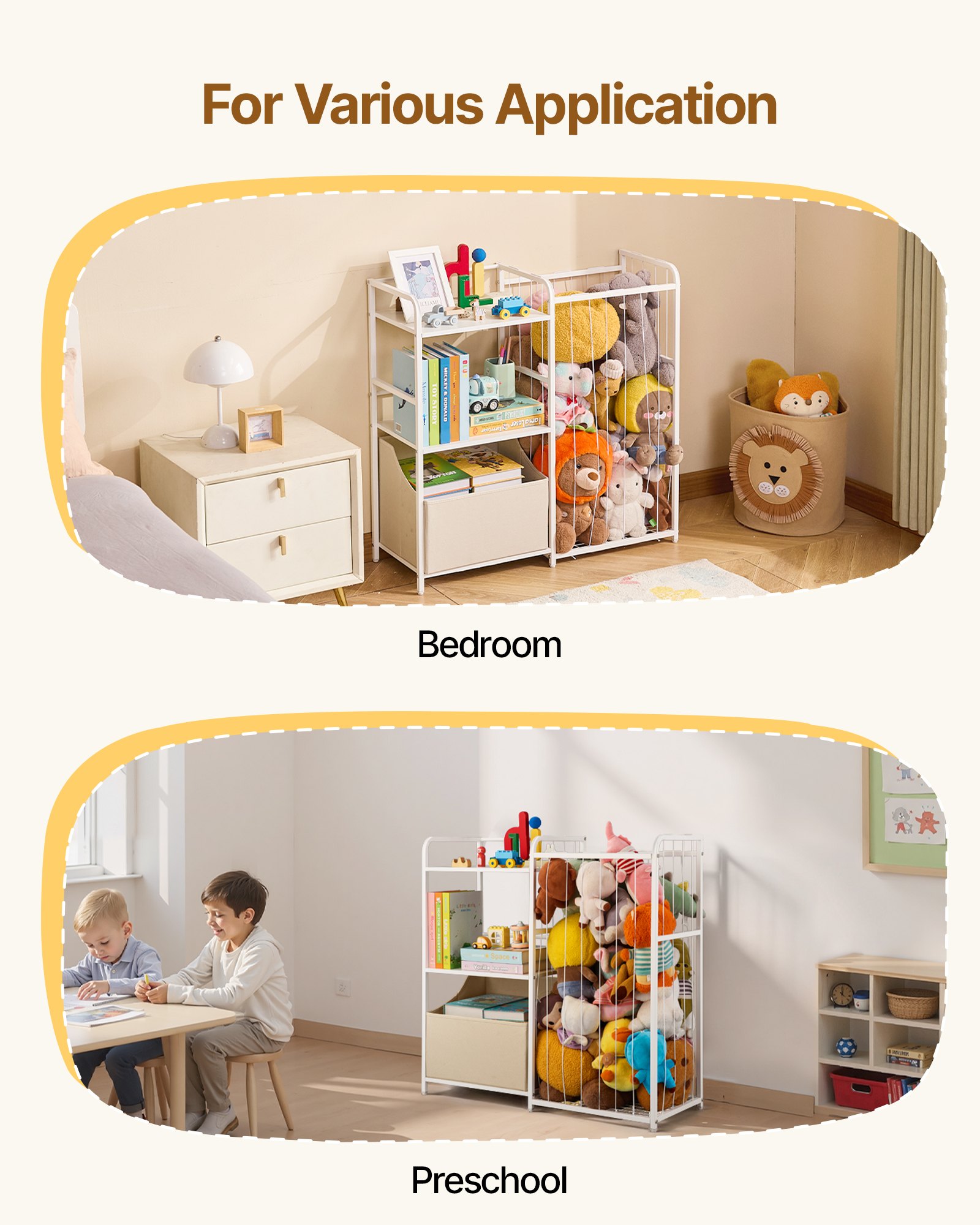 VEVOR Kinderboekenkast met speelgoedopbergruimte, 2-laags boekenkast met stoffen speelgoedkist, kinderplank, kinderkamerplank, wit, geschikt voor woonkamer, hal, kleuterschool