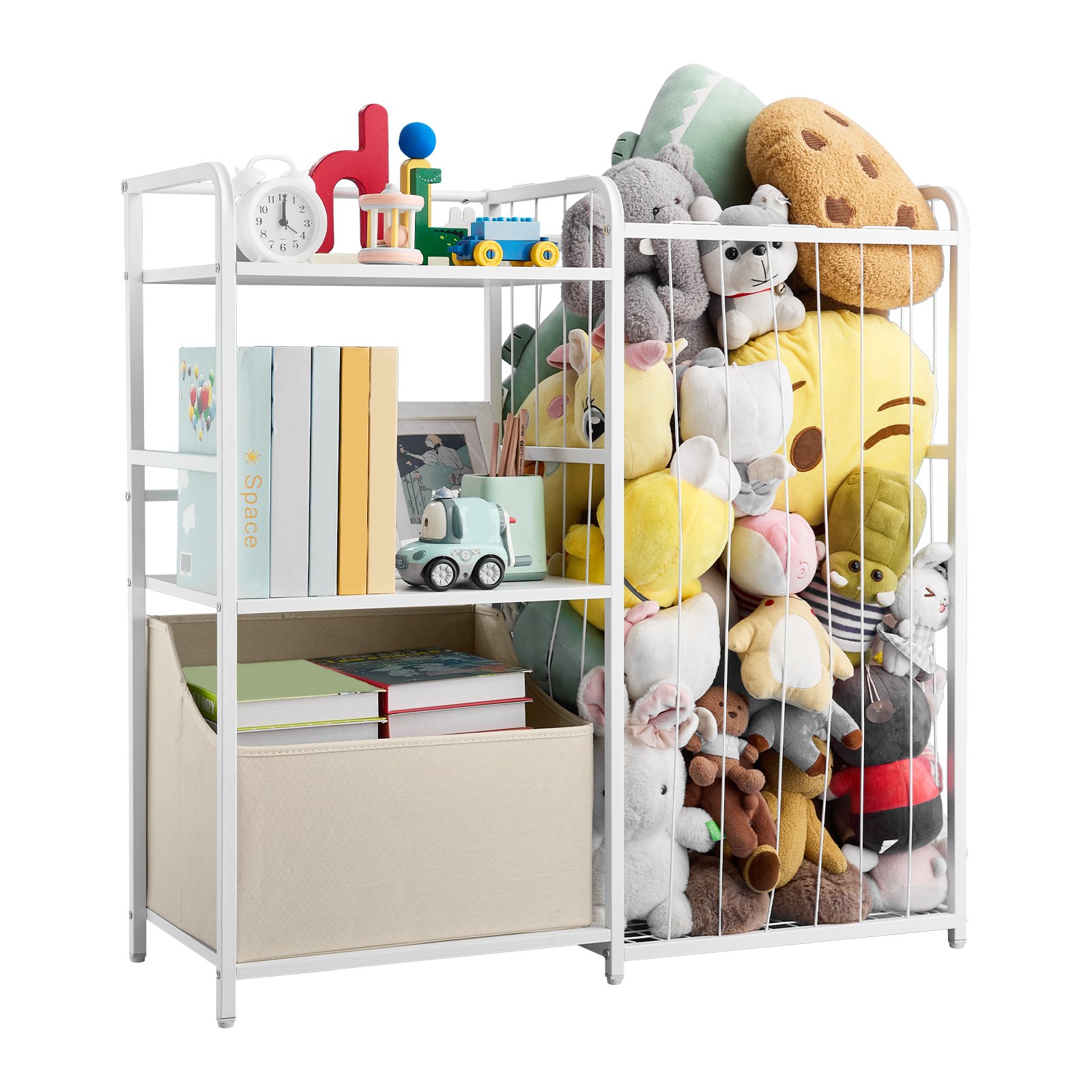 VEVOR Kinderboekenkast met speelgoedopbergruimte, 2-laags boekenkast met stoffen speelgoedkist, kinderplank, kinderkamerplank, wit, geschikt voor woonkamer, hal, kleuterschool