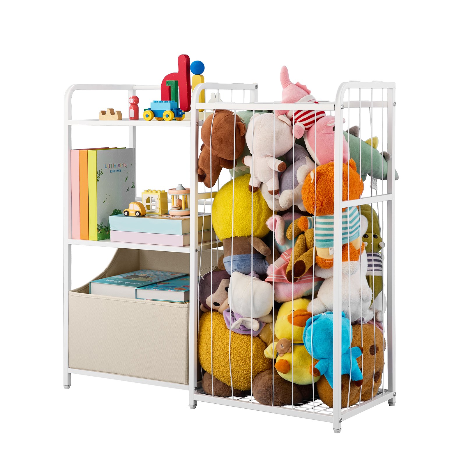 VEVOR Kinderboekenkast met speelgoedopbergruimte, 2-laags boekenkast met stoffen speelgoedkist, kinderplank, kinderkamerplank, wit, geschikt voor woonkamer, hal, kleuterschool