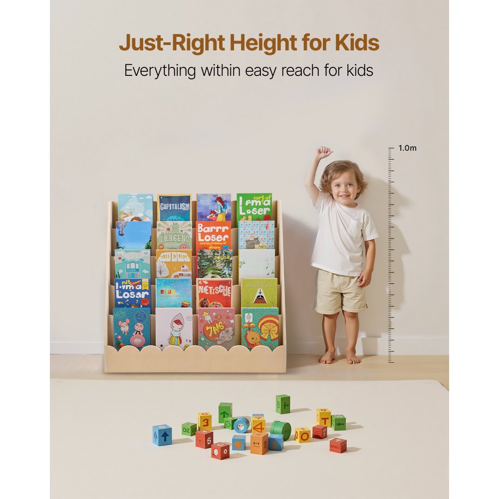 VEVOR Montessori Bookshelf, 5-Tier Scalloped Kids Bookshelf, Front Facing Toddler Bookcase, Dual Hooks for Hanging Backpacks, Baby Bookshelf for Kids Room, Living Room, Entryway, Nursury, Preschool
