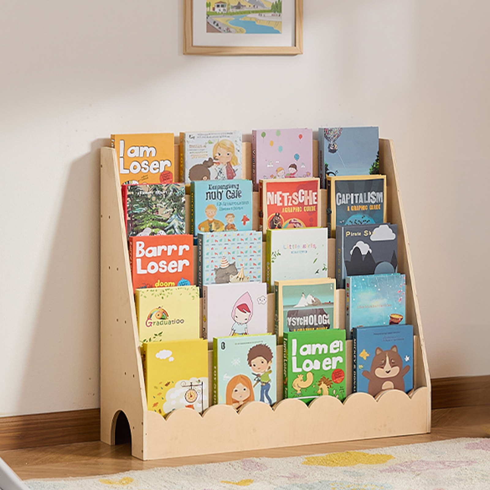 VEVOR Montessori Bookshelf, 5-Tier Scalloped Kids Bookshelf, Front Facing Toddler Bookcase, Dual Hooks for Hanging Backpacks, Baby Bookshelf for Kids Room, Living Room, Entryway, Nursury, Preschool