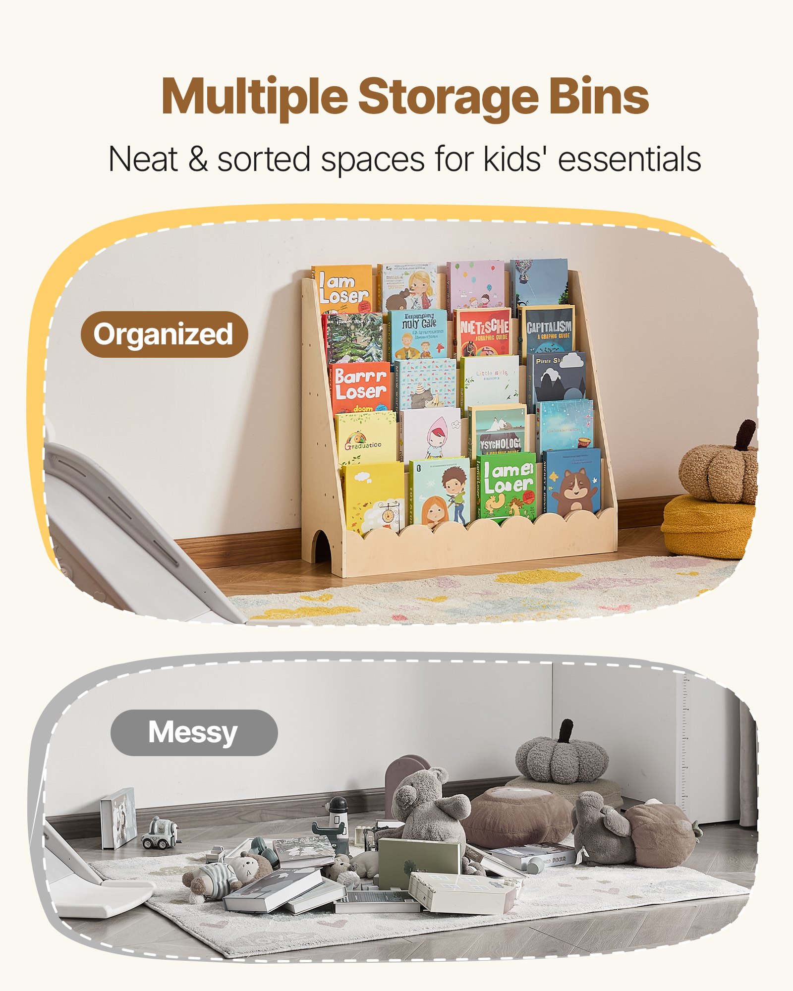 VEVOR Montessori Boekenplank 5-laags Kinderboekenplank met Gegolfde Rand, Boekenplank aan de Voorkant met Dubbele Haken, Babyboekenplank Kinderkamerplank voor Kleuterschool Kleuterschool