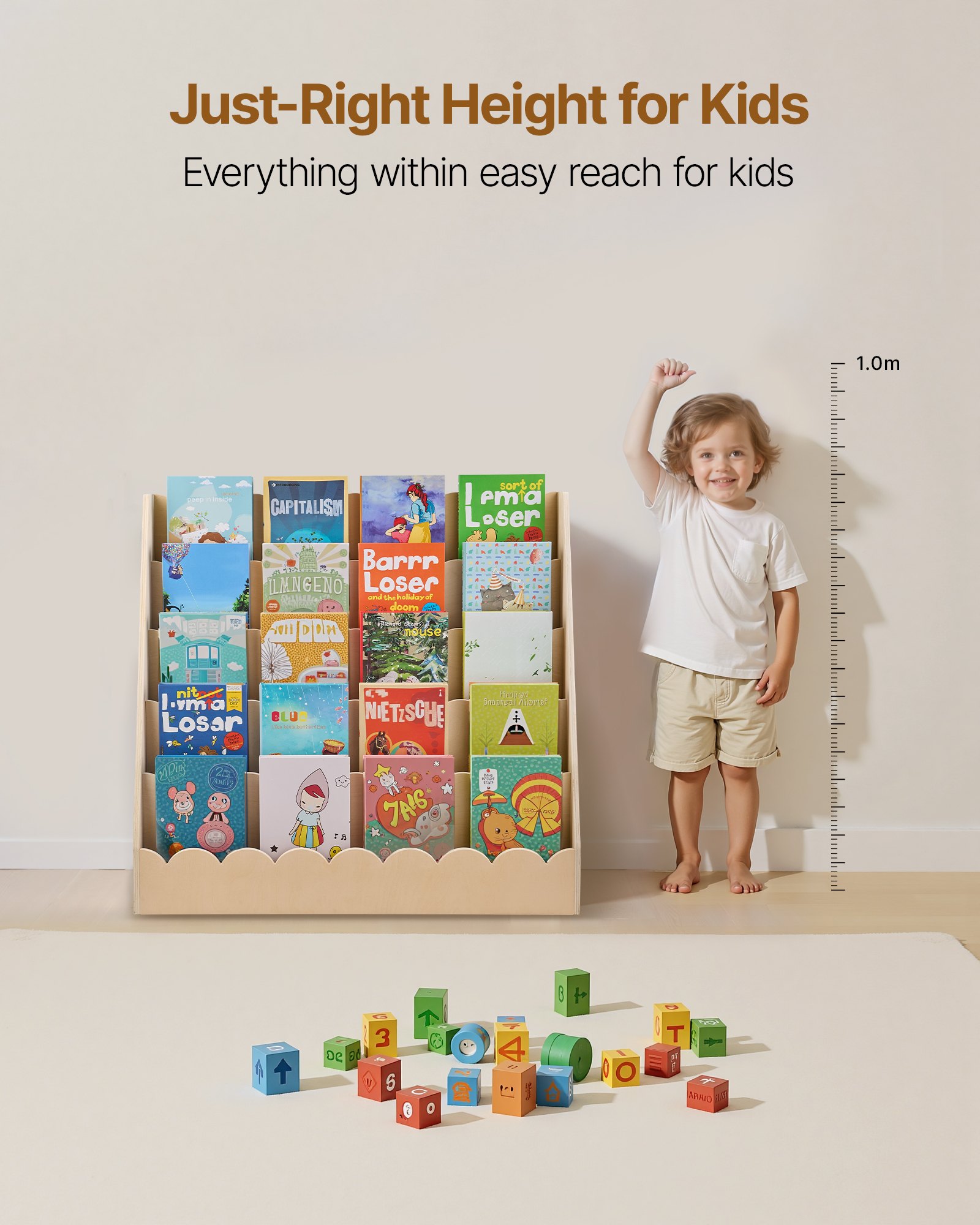 VEVOR Montessori Boekenplank 5-laags Kinderboekenplank met Gegolfde Rand, Boekenplank aan de Voorkant met Dubbele Haken, Babyboekenplank Kinderkamerplank voor Kleuterschool Kleuterschool