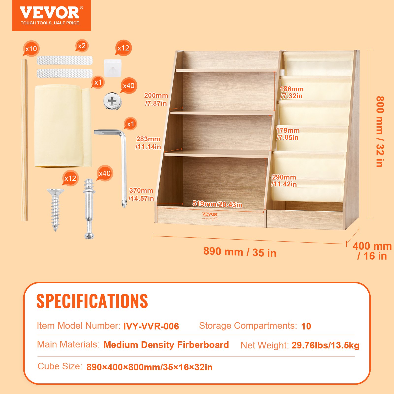 VEVOR 4-laags MDF kinderboekenplank, boekenkast met zes lagen, opbergplank voor baby's, boeken- en speelgoedkast, voor kinderkamers, speelkamers en kleuterscholen