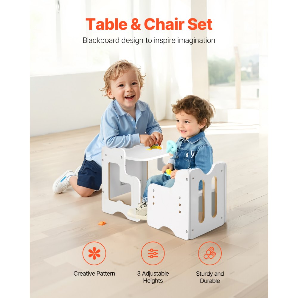 VEVOR Montessori tafel- en stoelset voor peuters (met krijtbord) Gemaakt van hout voor kinderen van 1-5 jaar, in hoogte verstelbare activiteitentafel en speeltafel voor kinderen, ideaal om te lezen, eten en spelen – Wit