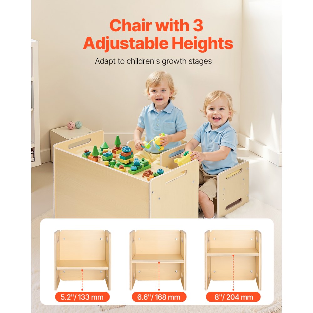VEVOR Montessori tafel- en stoelset voor peuters (1 tafel + 2 stoelen) van hout voor kinderen van 1 tot 5 jaar, in hoogte verstelbare kinderstoel, activiteitentafel, speeltafel, ideaal om te lezen, eten, spelen - natuurlijk