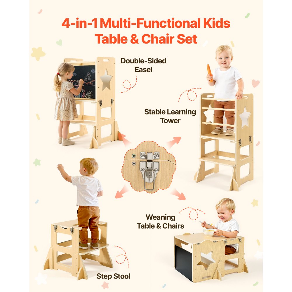 VEVOR Leertoren voor kinderen van 1-5 jaar, 4-in-1 leerstoel, Montessori tafel- en stoelset, houten kinderopstapje, Montessori Leertoren met krijtbord, kindermeubels voor badkamer en keukenblad