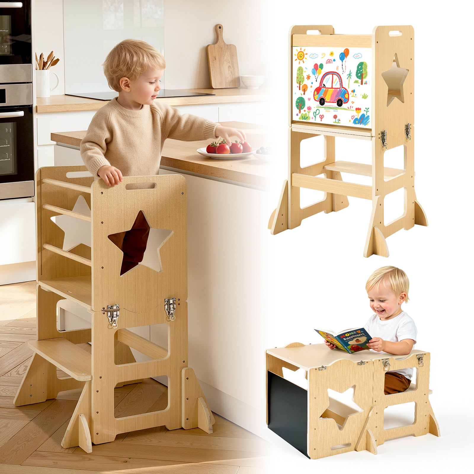 VEVOR Leertoren voor kinderen van 1-5 jaar, 4-in-1 leerstoel, Montessori tafel- en stoelset, houten kinderopstapje, Montessori Leertoren met krijtbord, kindermeubels voor badkamer en keukenblad