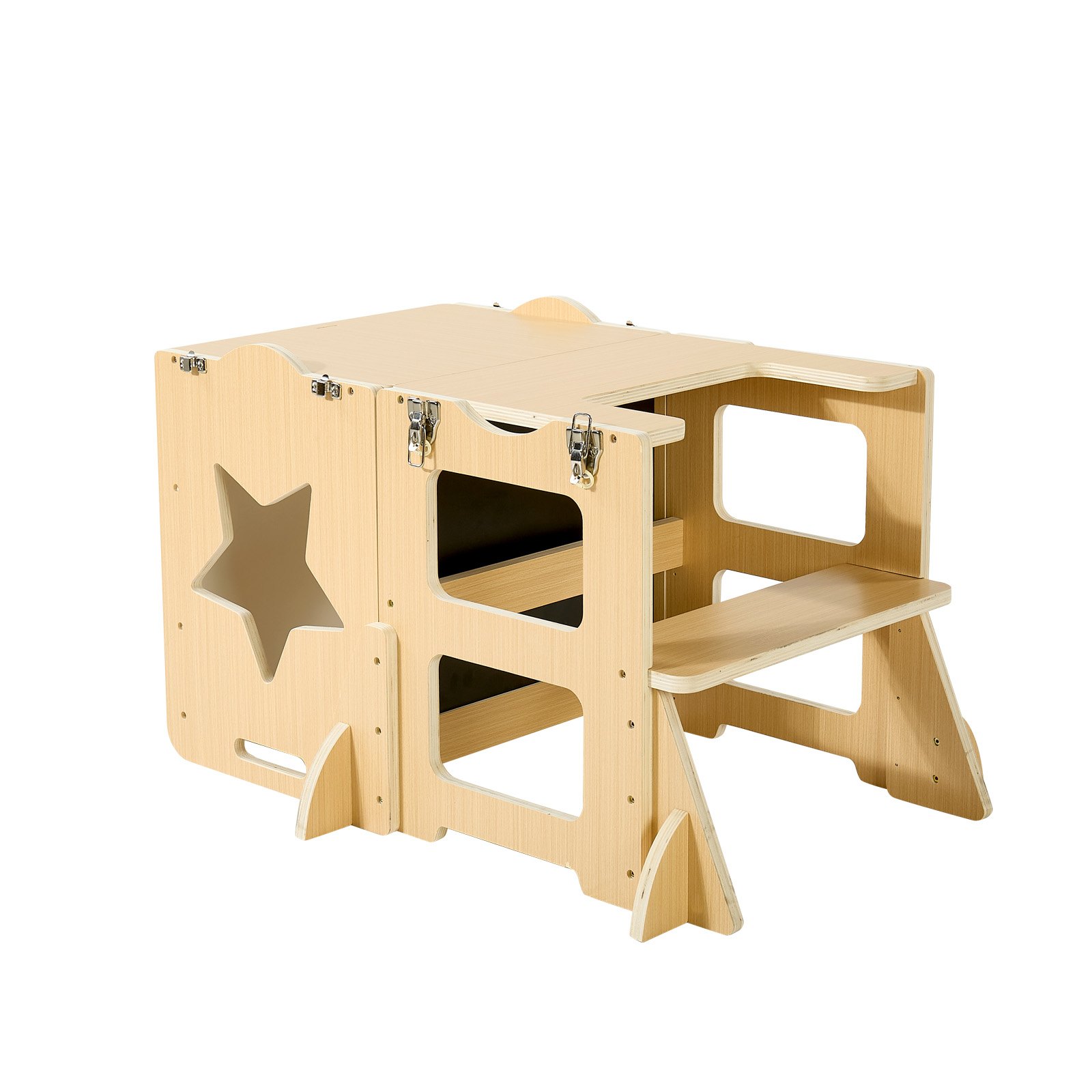 VEVOR Leertoren voor kinderen van 1-5 jaar, 4-in-1 leerstoel, Montessori tafel- en stoelset, houten kinderopstapje, Montessori Leertoren met krijtbord, kindermeubels voor badkamer en keukenblad