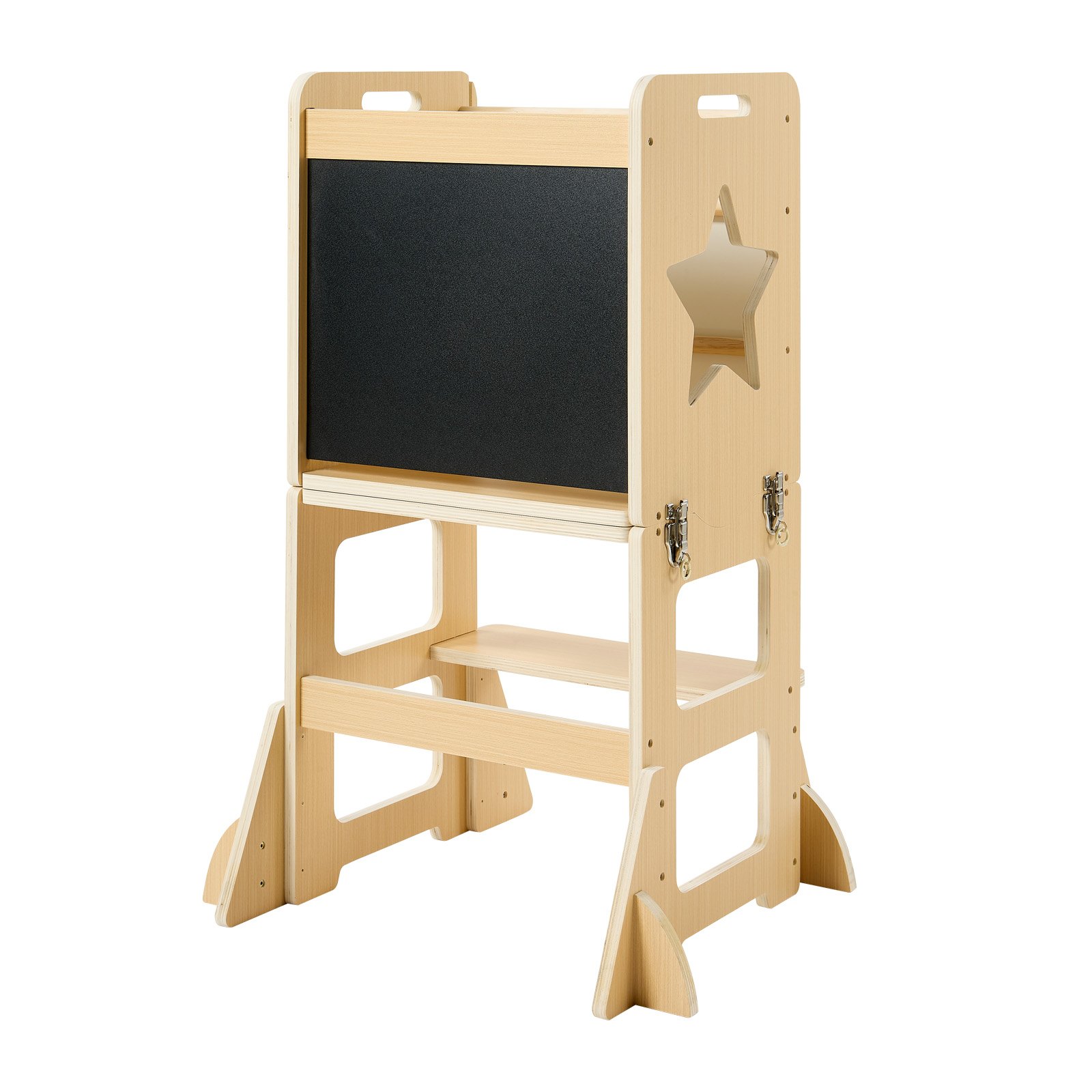 VEVOR Leertoren voor kinderen van 1-5 jaar, 4-in-1 leerstoel, Montessori tafel- en stoelset, houten kinderopstapje, Montessori Leertoren met krijtbord, kindermeubels voor badkamer en keukenblad