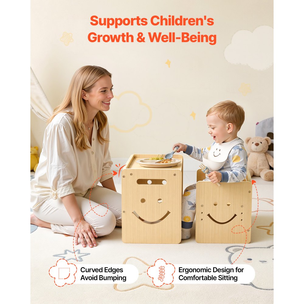 VEVOR Montessori tafel- en stoelenset, hout, kinderzitset voor peuters van 1-5 jaar, opstapje met whiteboard en in 3 standen verstelbare hoogte, om te eten, tekenen, lezen en spelen.