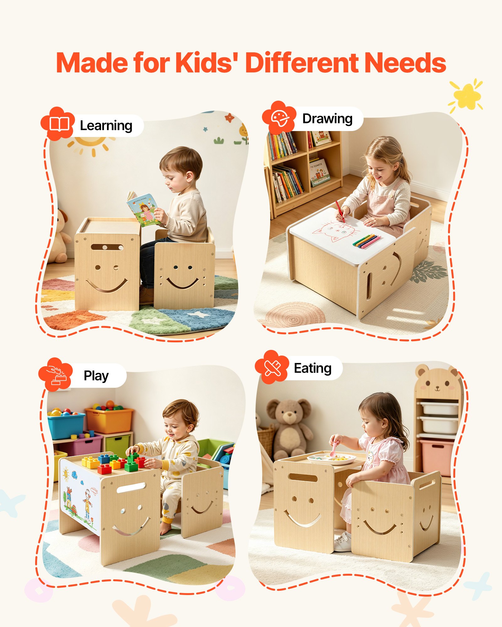 VEVOR Montessori tafel- en stoelenset, hout, kinderzitset voor peuters van 1-5 jaar, opstapje met whiteboard en in 3 standen verstelbare hoogte, om te eten, tekenen, lezen en spelen.