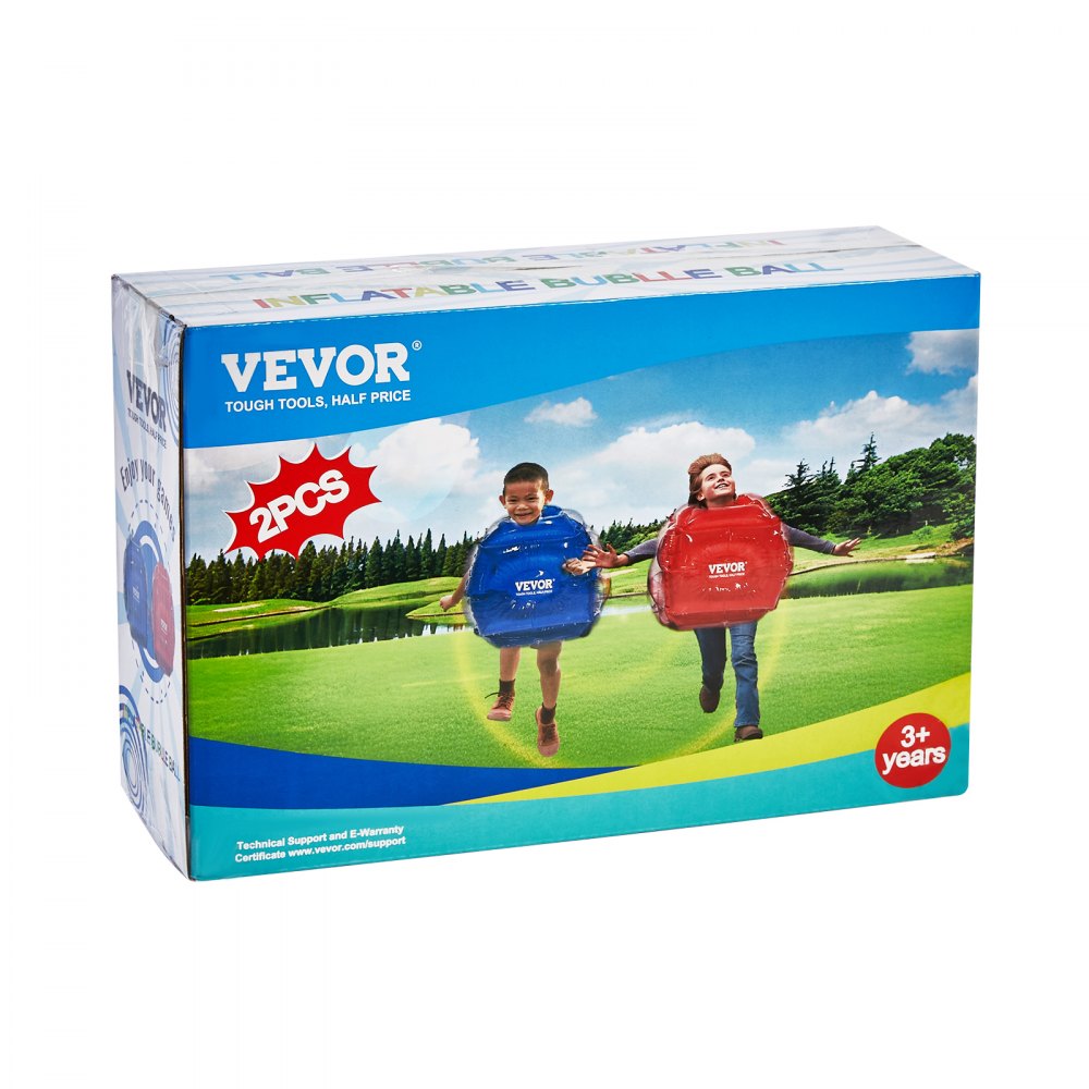 VEVOR inflatable bumper balls packaging showing two kids playing outdoors, suitable for ages 3+.