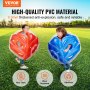 VEVOR inflatable bumper balls in red and blue on a grassy field, highlighting non-toxic, wear-resistant, and odorless features.