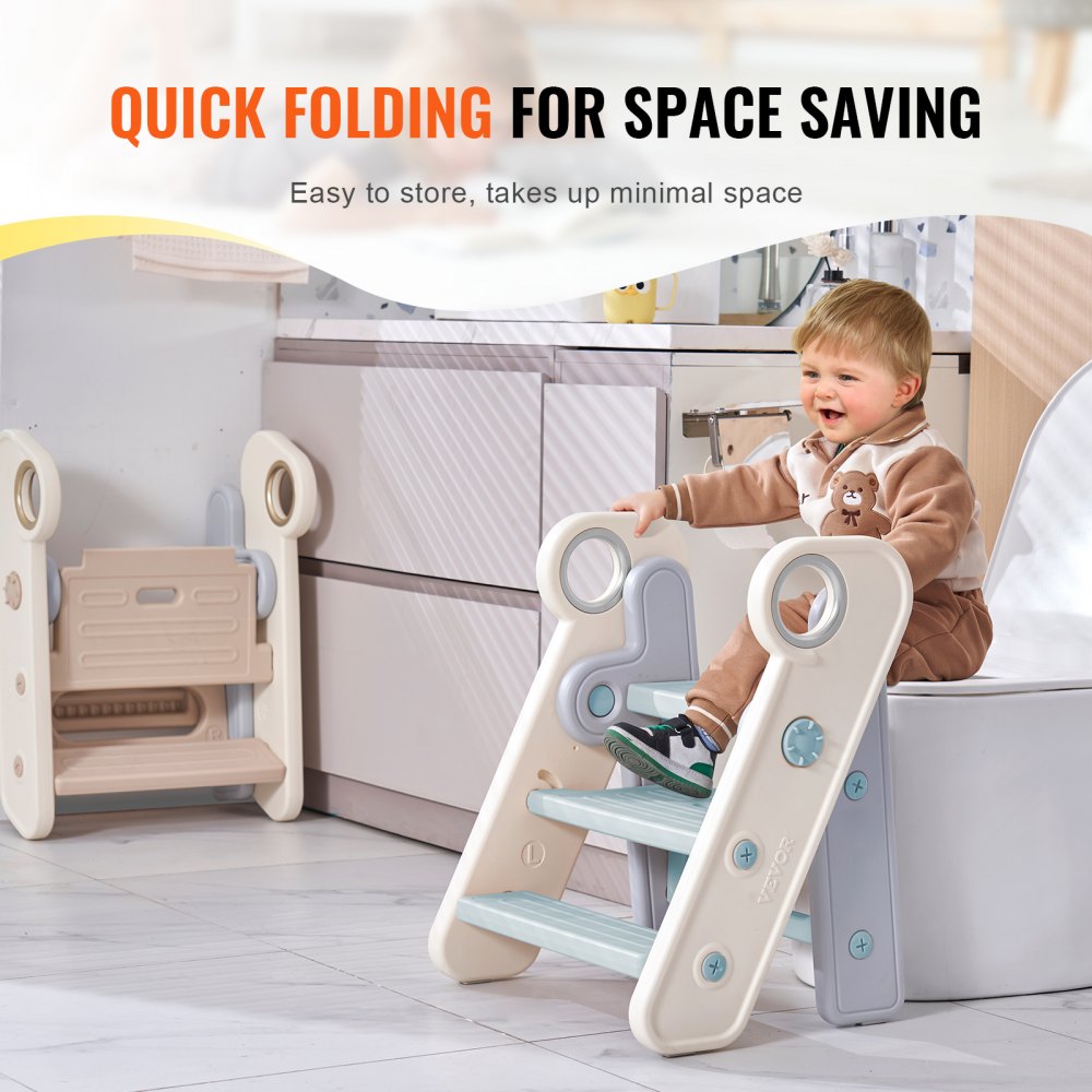 VEVOR children's step stool 68kg weight capacity step stool 490x420x600mm stool PE material anti-slip padding bathroom stool 3 on 2 steps learning tower foldable children's stool step stool children's stool