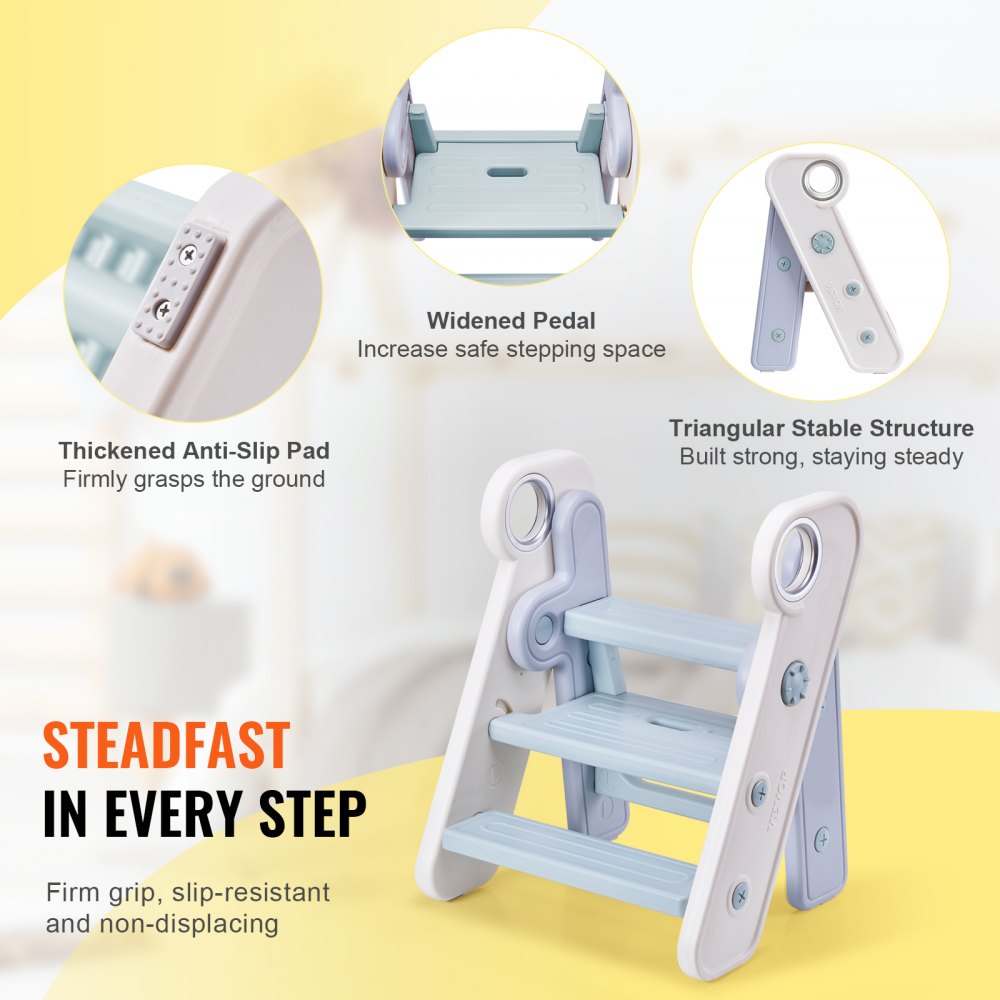 VEVOR children's step stool 68kg weight capacity step stool 490x420x600mm stool PE material anti-slip padding bathroom stool 3 on 2 steps learning tower foldable children's stool step stool children's stool